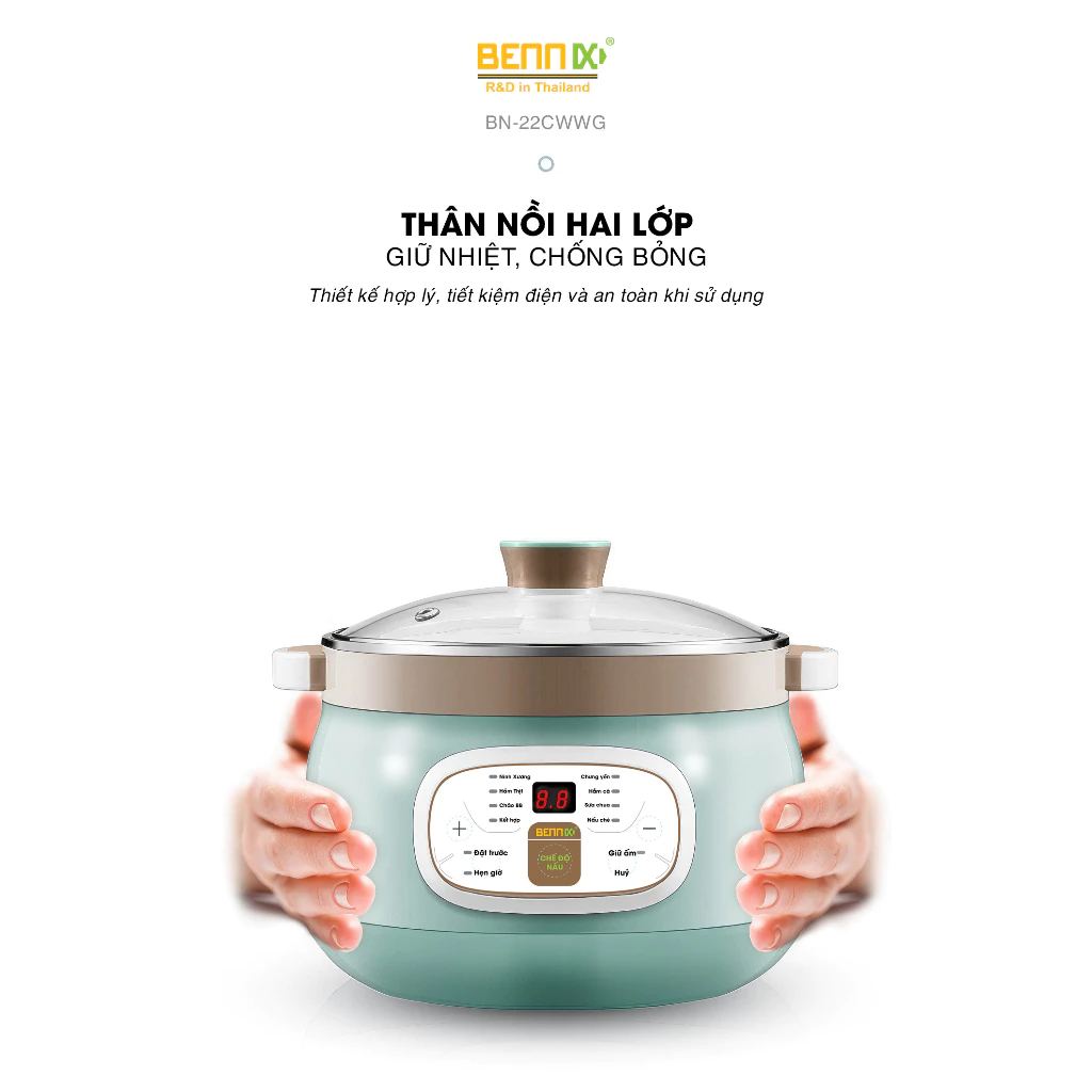 Nồi Nấu Chậm Bennix BN-22CWG, 2.2L - Có Xửng Hấp Ninh xương, hầm thịt, nấu cháo, chưng yến...