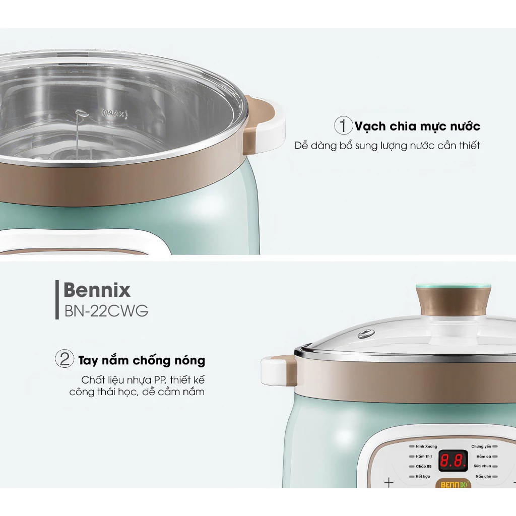 Nồi Nấu Chậm Bennix BN-22CWG, 2.2L - Có Xửng Hấp Ninh xương, hầm thịt, nấu cháo, chưng yến...