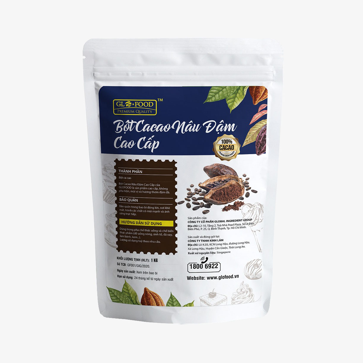 Bột cacao nâu đậm Glofood - GÓI 1KG