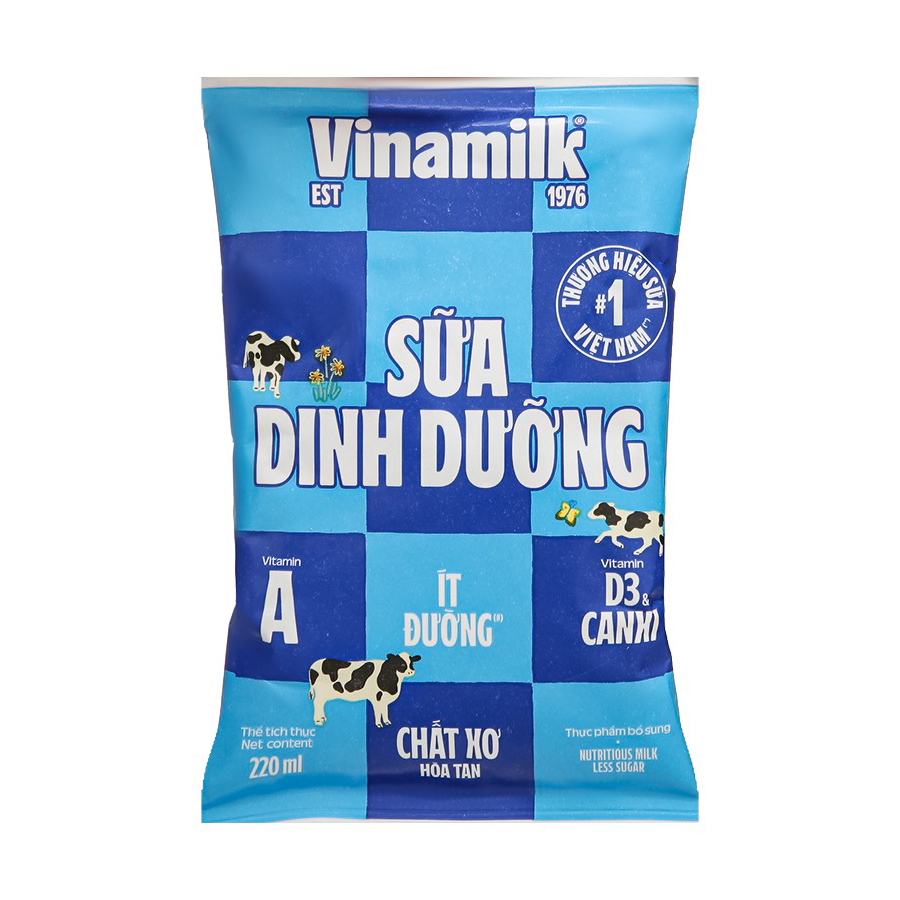 Sữa dinh dưỡng Vinamilk bịch 220ml - ÍT ĐƯỜNG