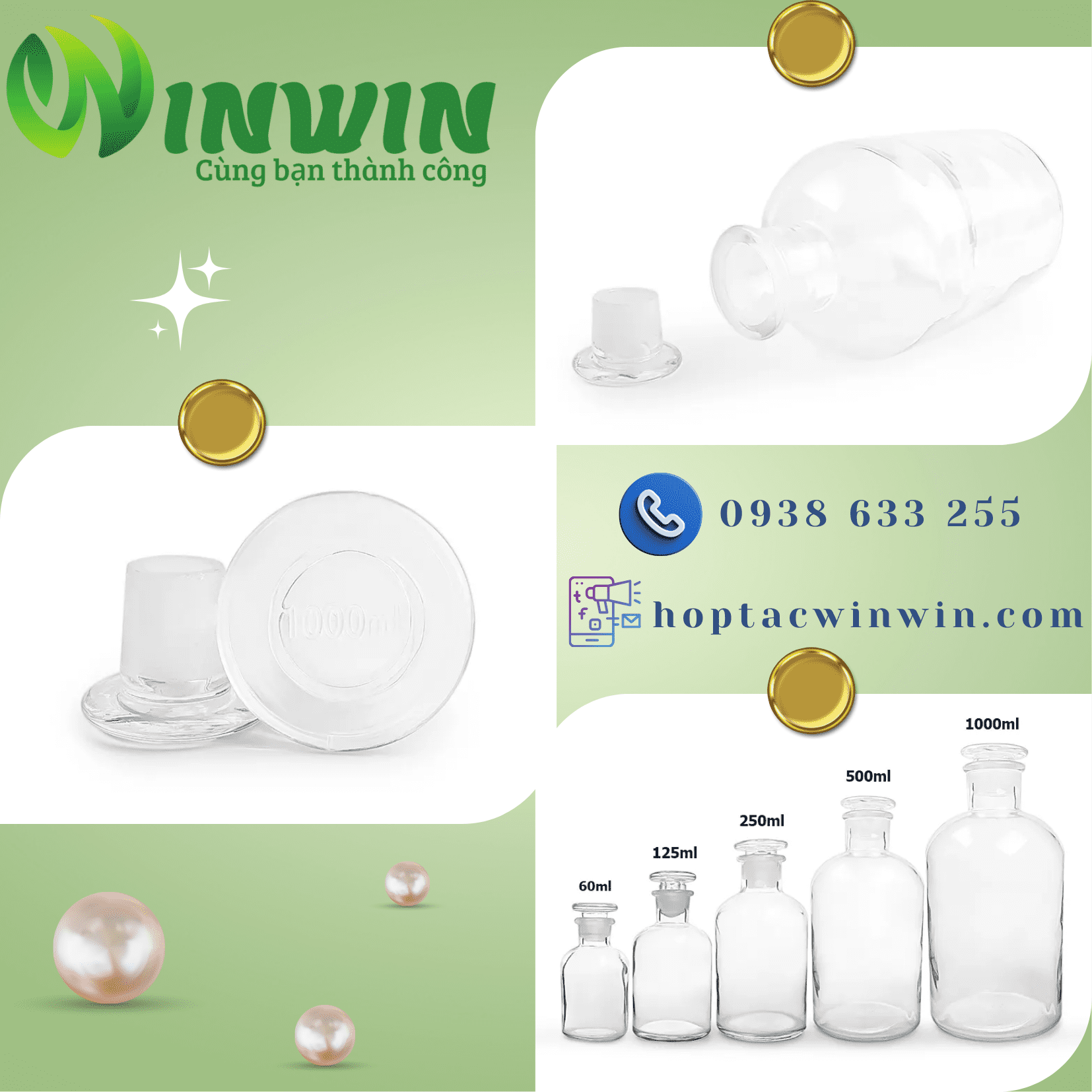 Chai + nắp thủy tinh 60ml 125ml 250ml 500ml 1000ml