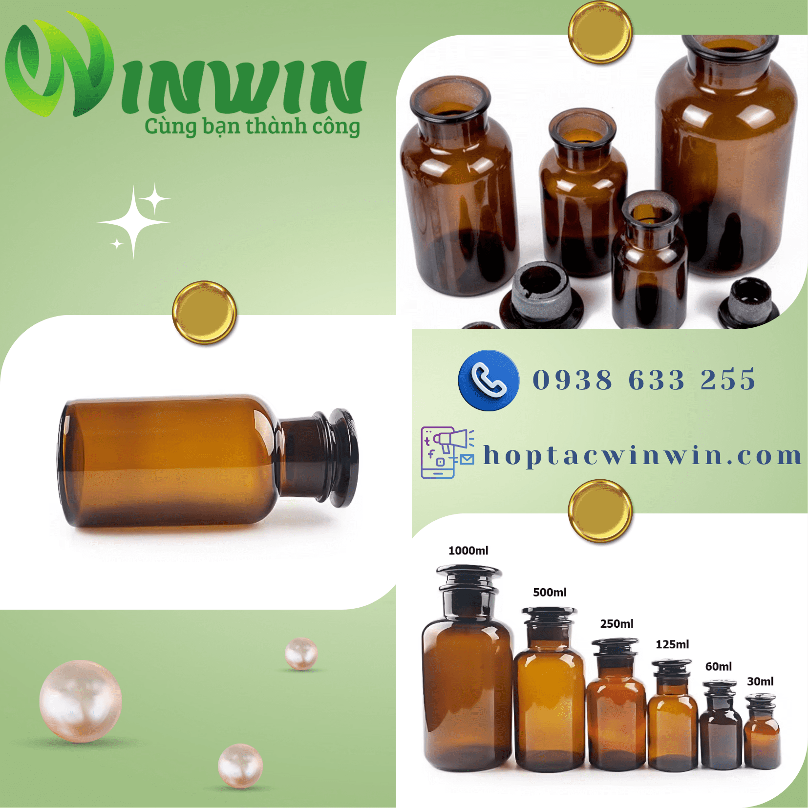 Chai + nắp thủy tinh miệng rộng 30ml 60ml 125ml 250ml 500ml 1000ml màu nâu