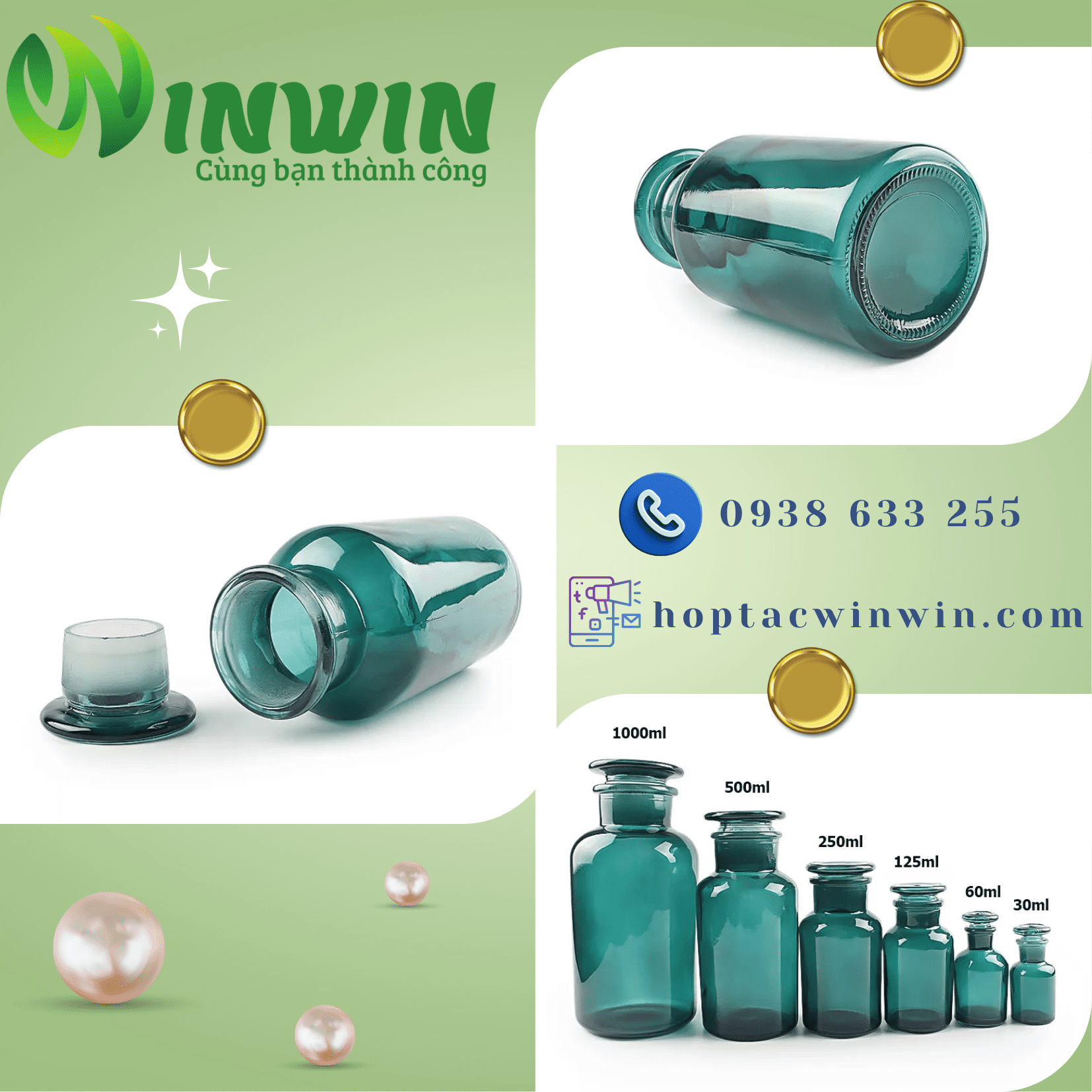 Chai + nắp thủy tinh miệng rộng 30ml 60ml 125ml 250ml 500ml 1000ml màu xanh cổ vịt