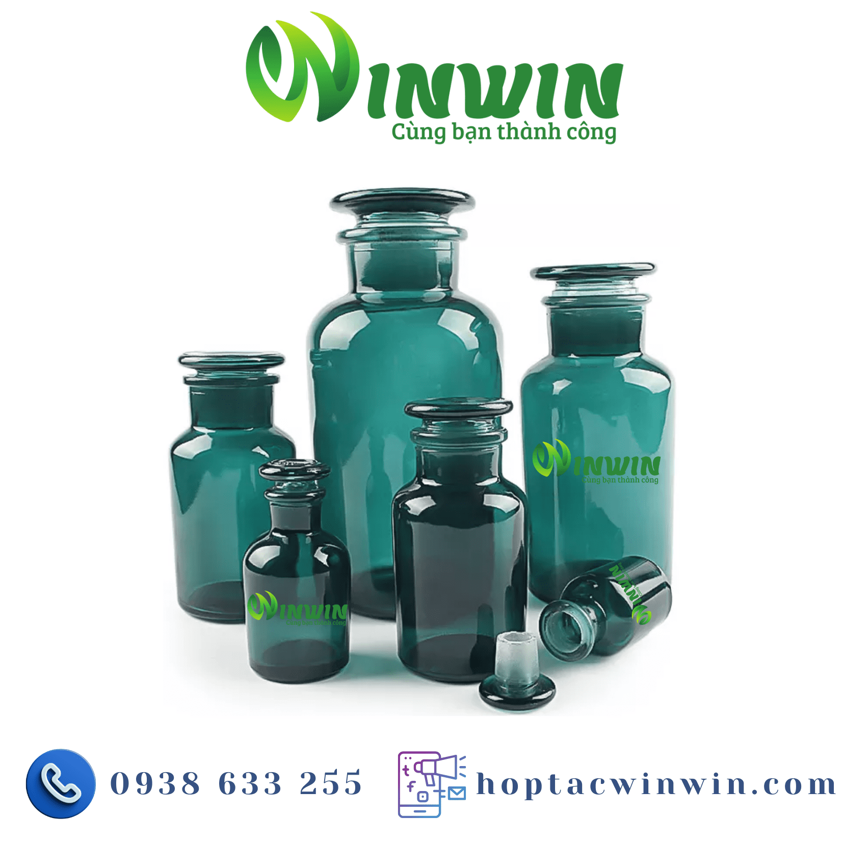 Chai + nắp thủy tinh miệng rộng 30ml 60ml 125ml 250ml 500ml 1000ml màu xanh cổ vịt