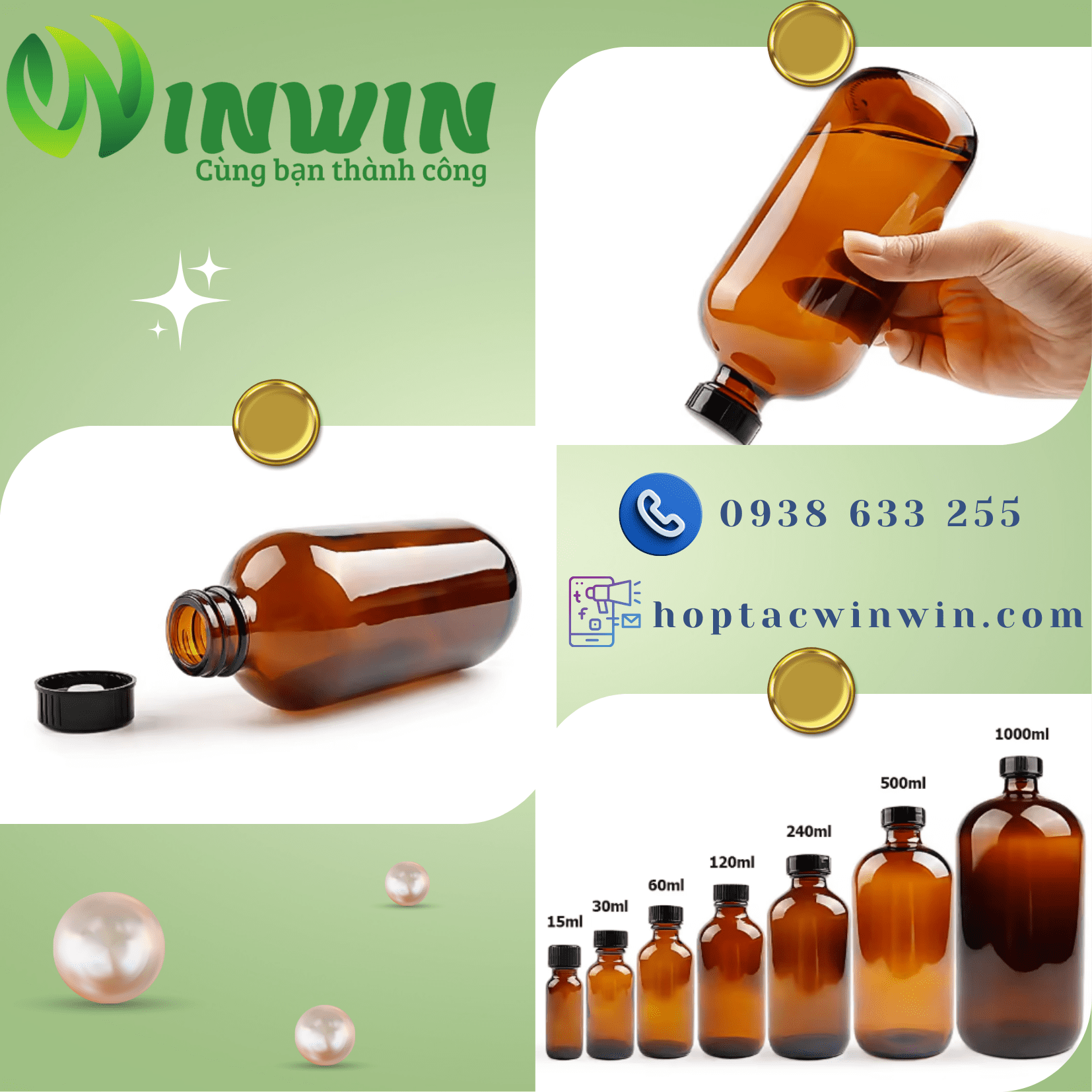 Chai thủy tinh Boston màu nâu 15ml - 1000ml