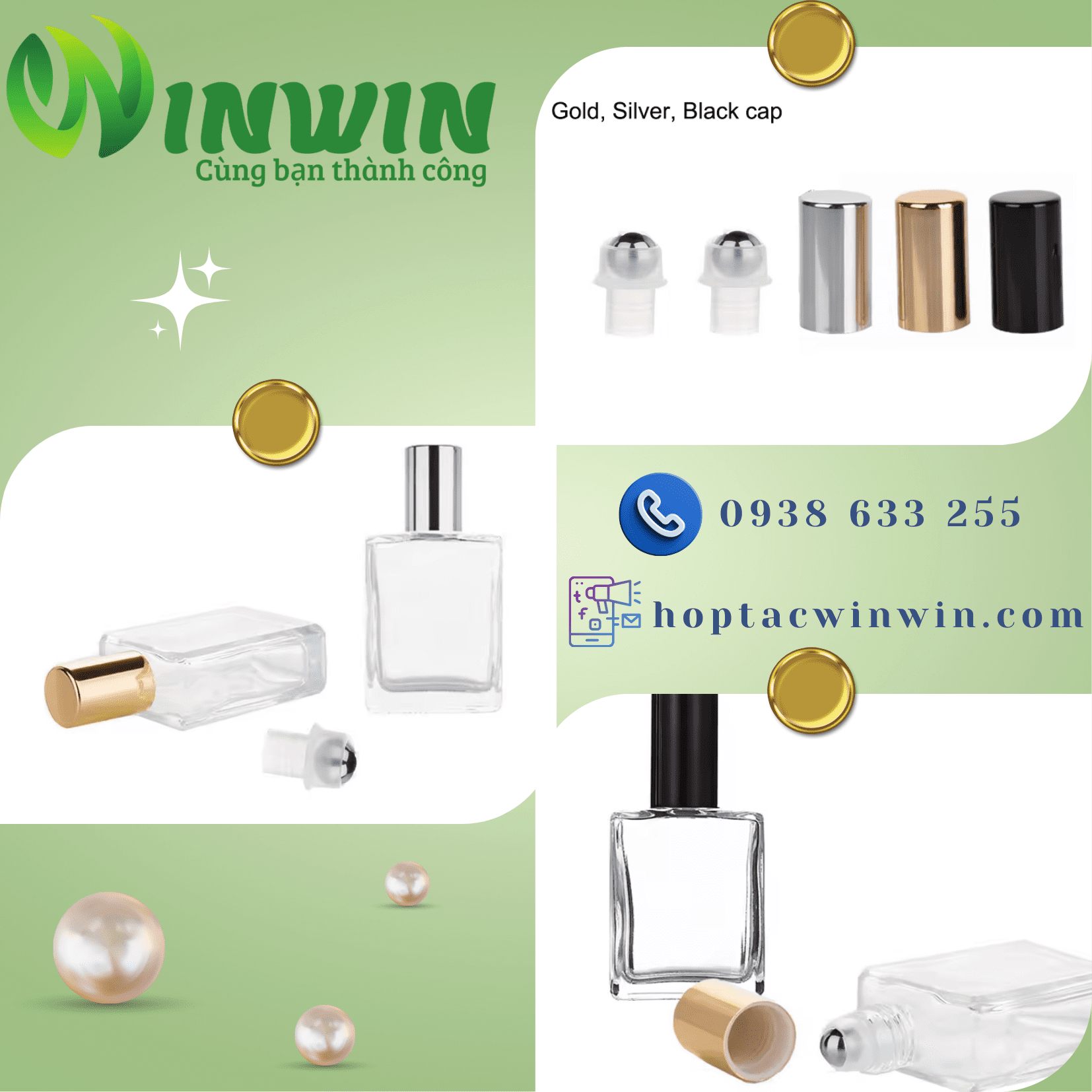Chai thủy tinh đầu lăn 15ml dáng vuông