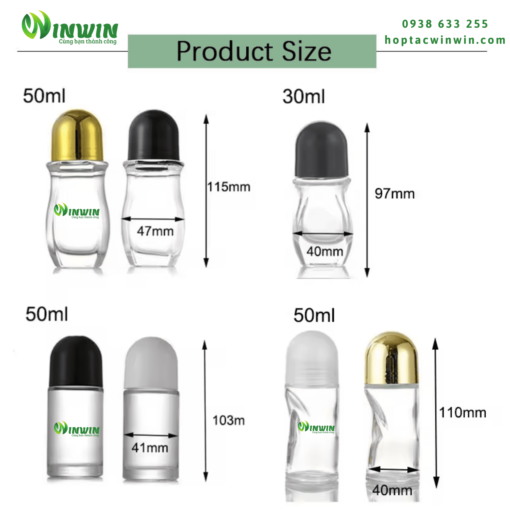 Chai thủy tinh đầu lăn 30ml 50ml
