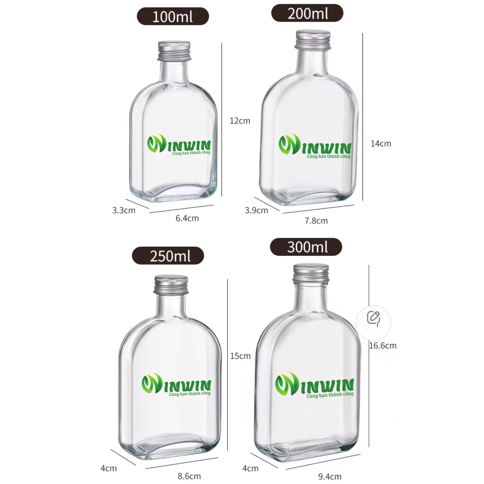 Chai thủy tinh dẹp vai tròn 100ml - 300ml