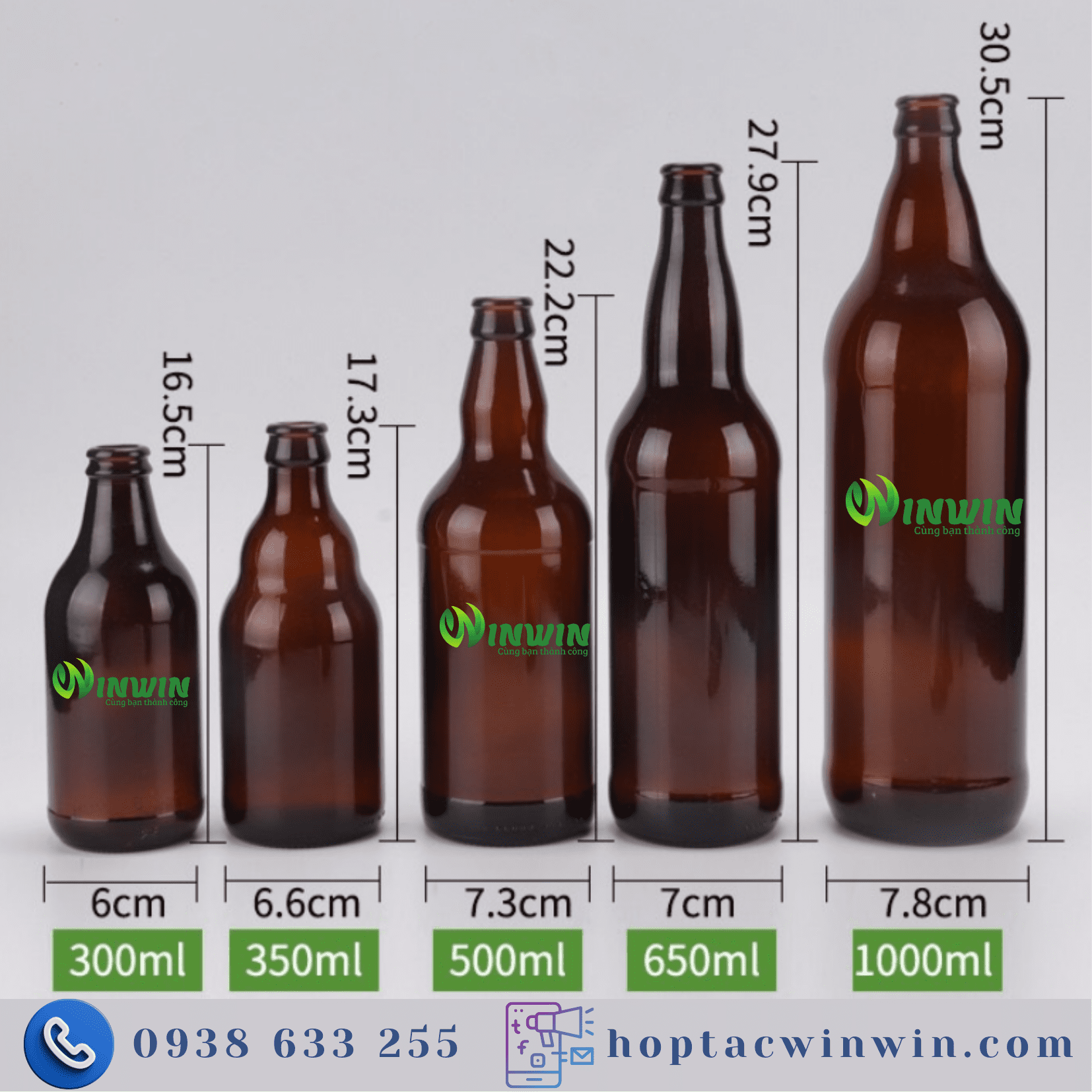 Chai thủy tinh cổ cong màu nâu dáng cao 300ml - 1000ml