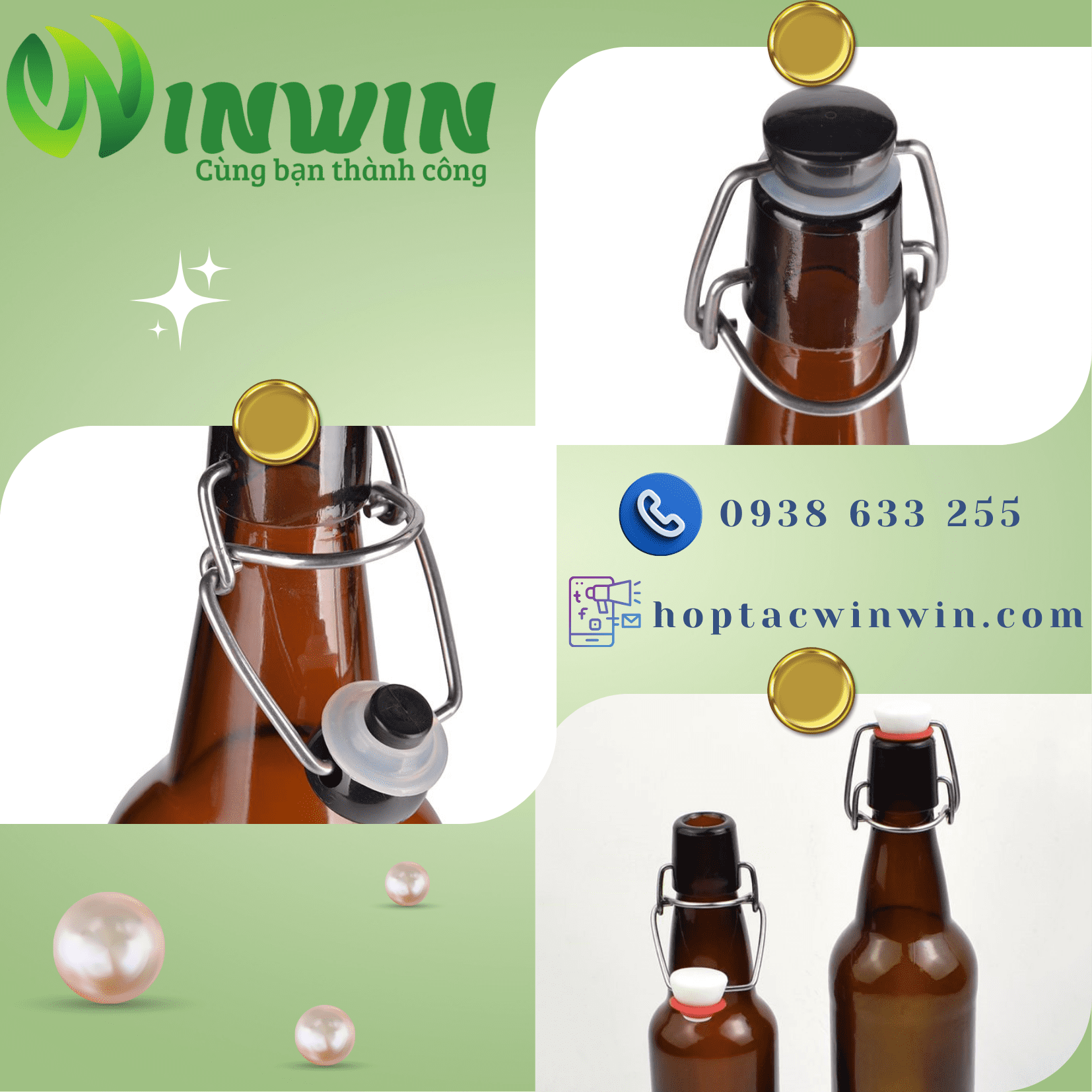 Chai thủy tinh màu nâu nắp gài 330ml 500ml 1000ml