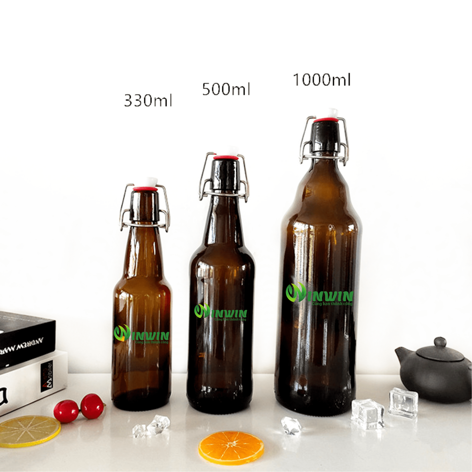 Chai thủy tinh màu nâu nắp gài 330ml 500ml 1000ml