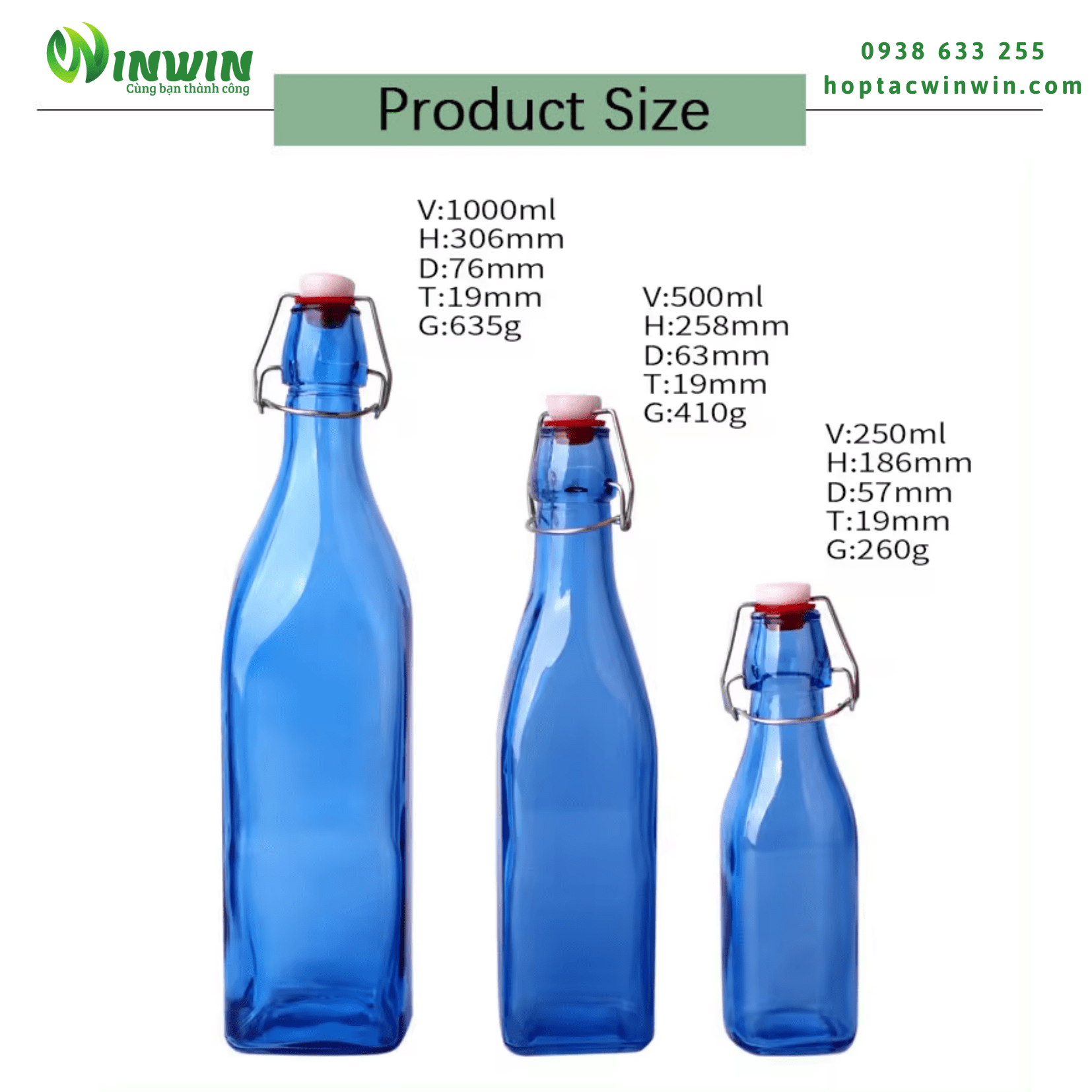 Chai thủy tinh nắp gài màu xanh dương 250ml 500ml 1000ml