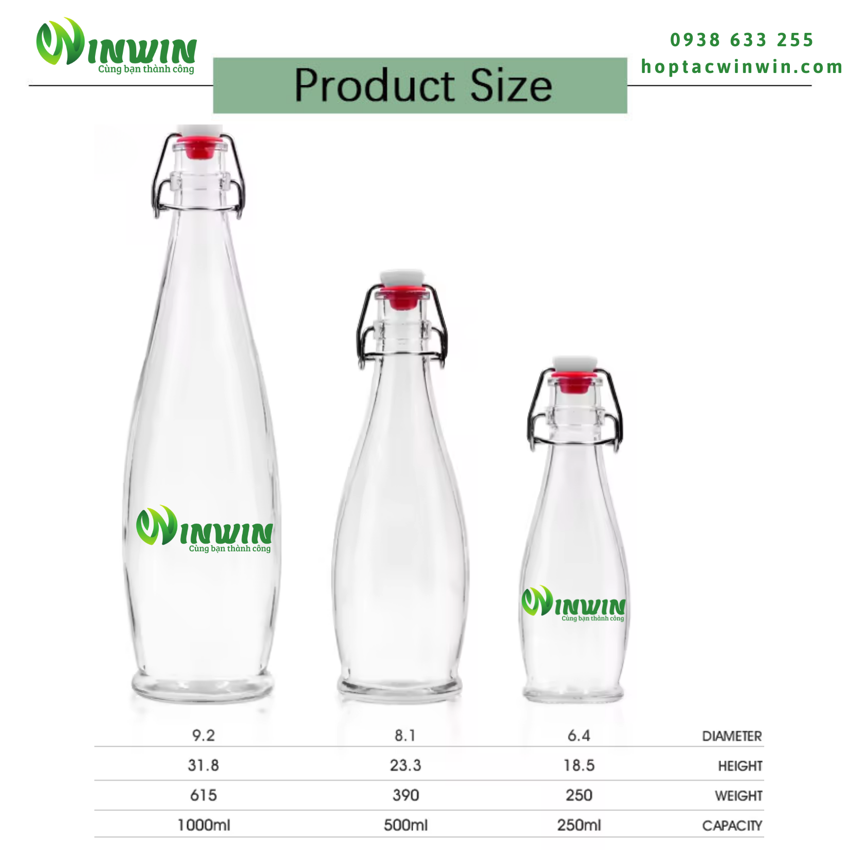 Chai thủy tinh nắp gài 250ml 500ml 1000ml