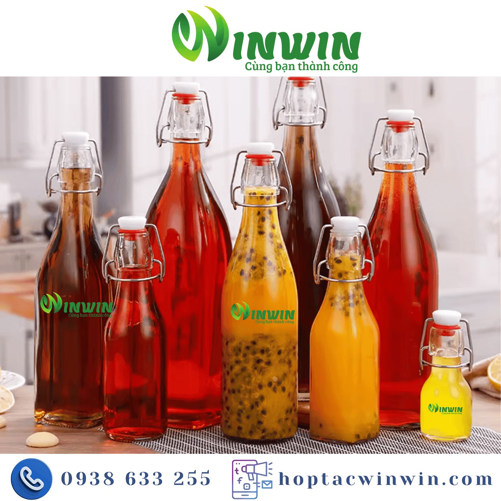 Chai thủy tinh nắp gài màu trong 60ml - 1L