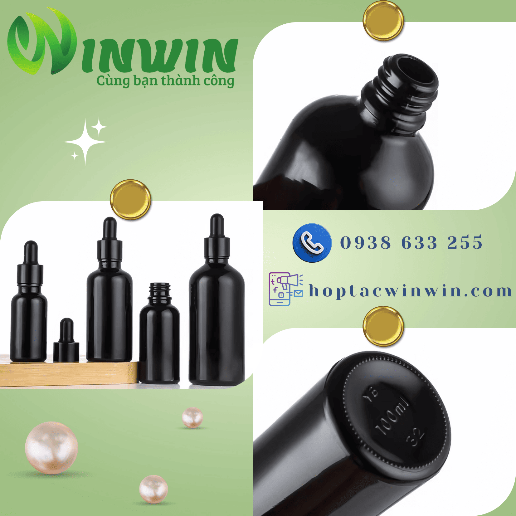 Chai thủy tinh nhỏ giọt dáng tròn màu đen 5ml 10ml 15ml 20ml 30ml 50ml 100ml