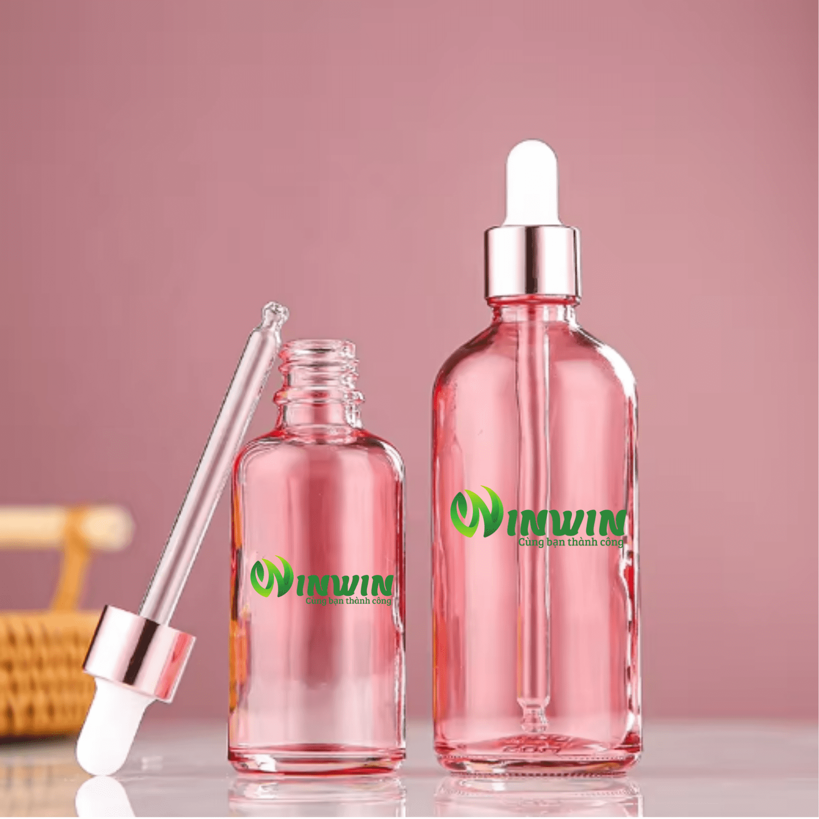Chai thủy tinh nhỏ giọt dáng tròn màu hồng 5ml 10ml 15ml 20ml 30ml 50ml 100ml