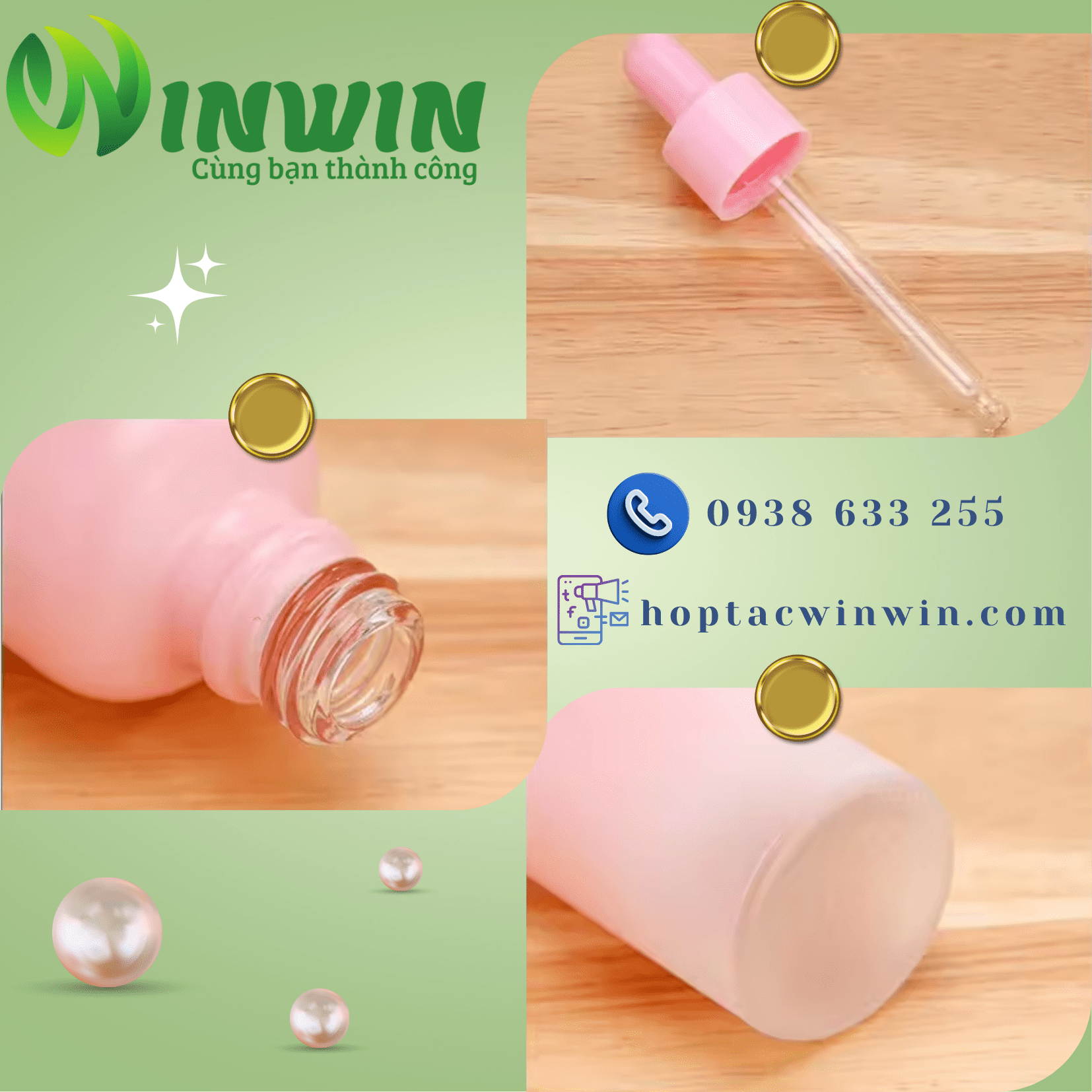 Chai thủy tinh nhỏ giọt dáng tròn màu hồng pastel 5ml 10ml 15ml 20ml 30ml 50ml 100ml