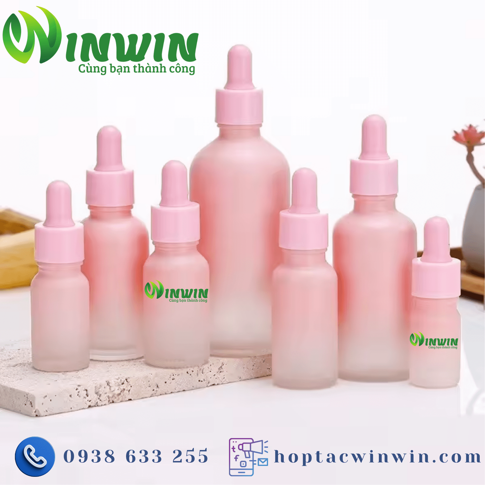 Chai thủy tinh nhỏ giọt dáng tròn màu hồng pastel 5ml 10ml 15ml 20ml 30ml 50ml 100ml