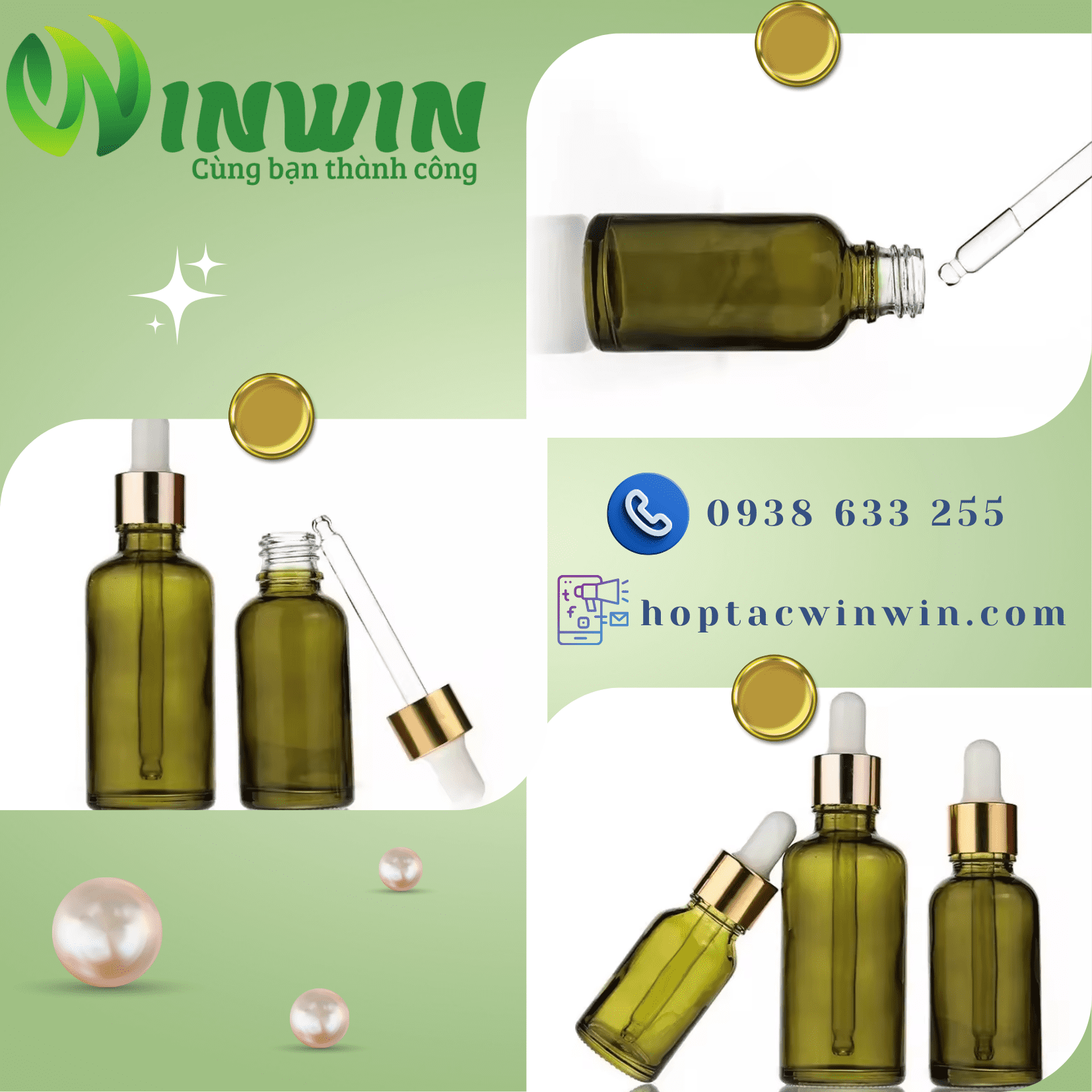 Chai thủy tinh nhỏ giọt dáng tròn màu oliu 5ml 10ml 15ml 20ml 30ml 50ml 100ml