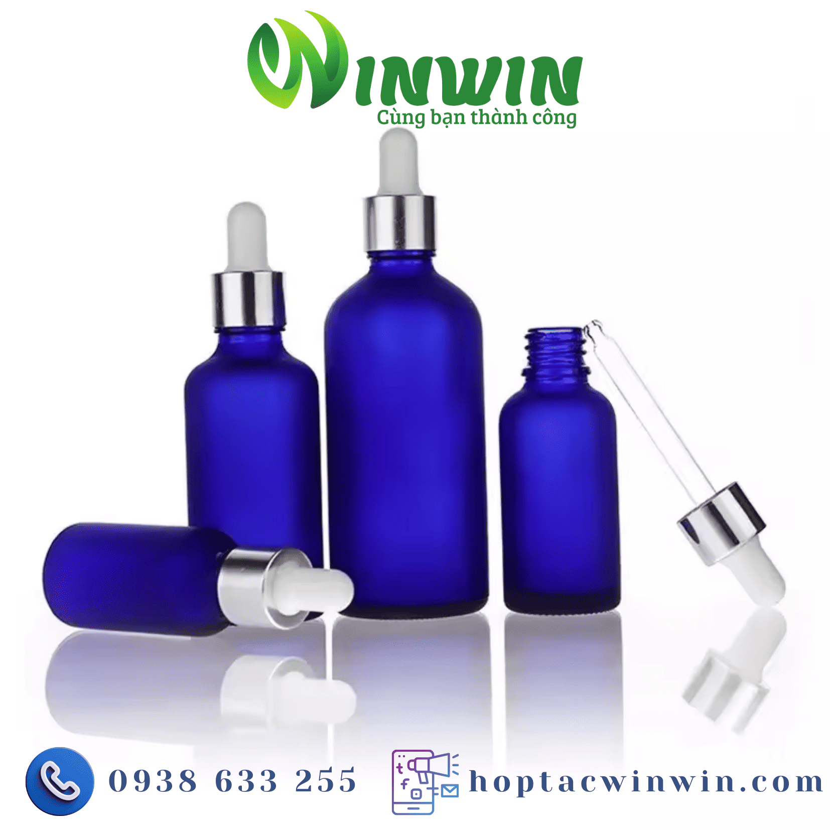 Chai thủy tinh nhỏ giọt dáng tròn màu xanh dương mờ 5ml 10ml 15ml 20ml 30ml 50ml 100ml