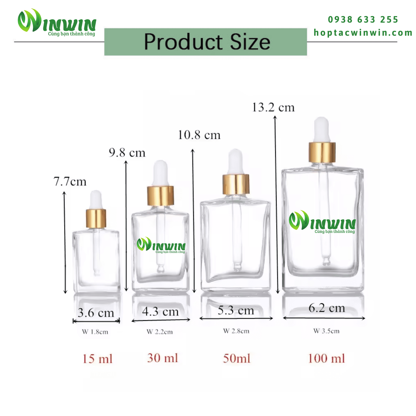 Chai thủy tinh nhỏ giọt dáng vuông 15ml 30ml 50ml 100ml màu trong