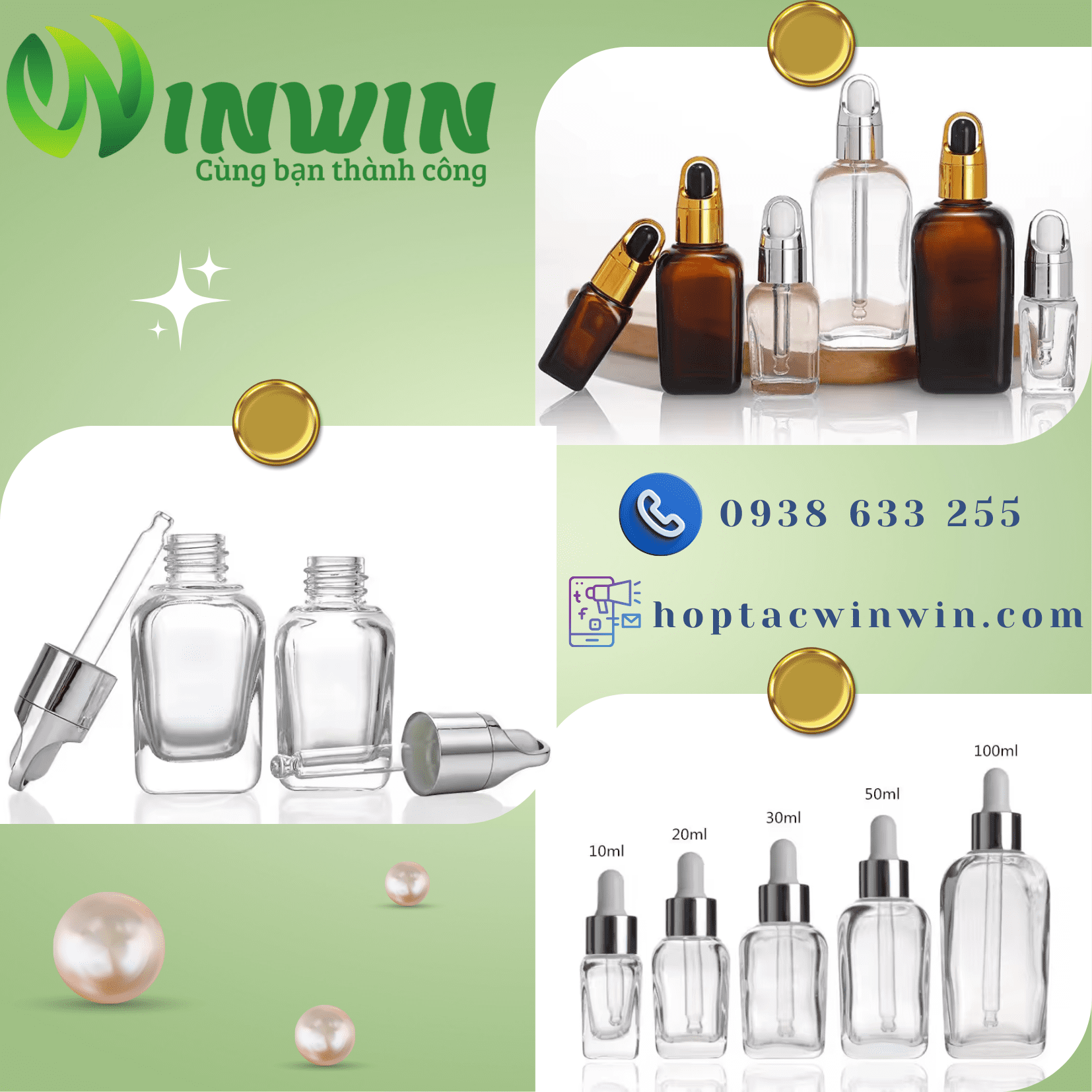 Chai thủy tinh nhỏ giọt dáng vuông màu trong 10ml 20ml 30ml 50ml 100ml