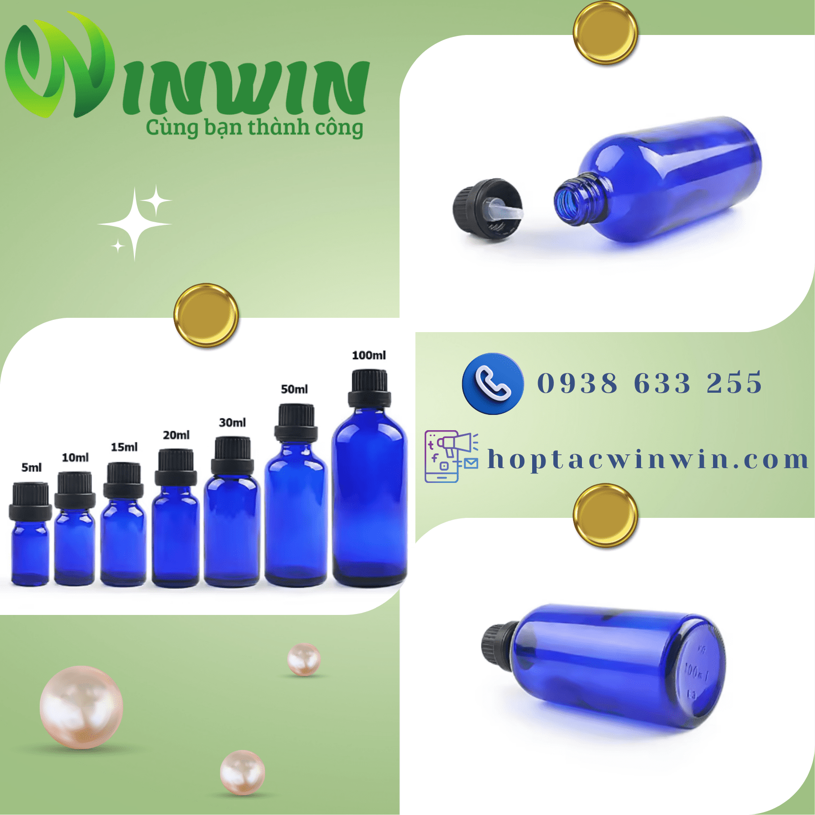 Chai thủy tinh nhỏ giọt màu xanh dương 5ml 10ml 15ml 20ml 30ml 50ml 100ml