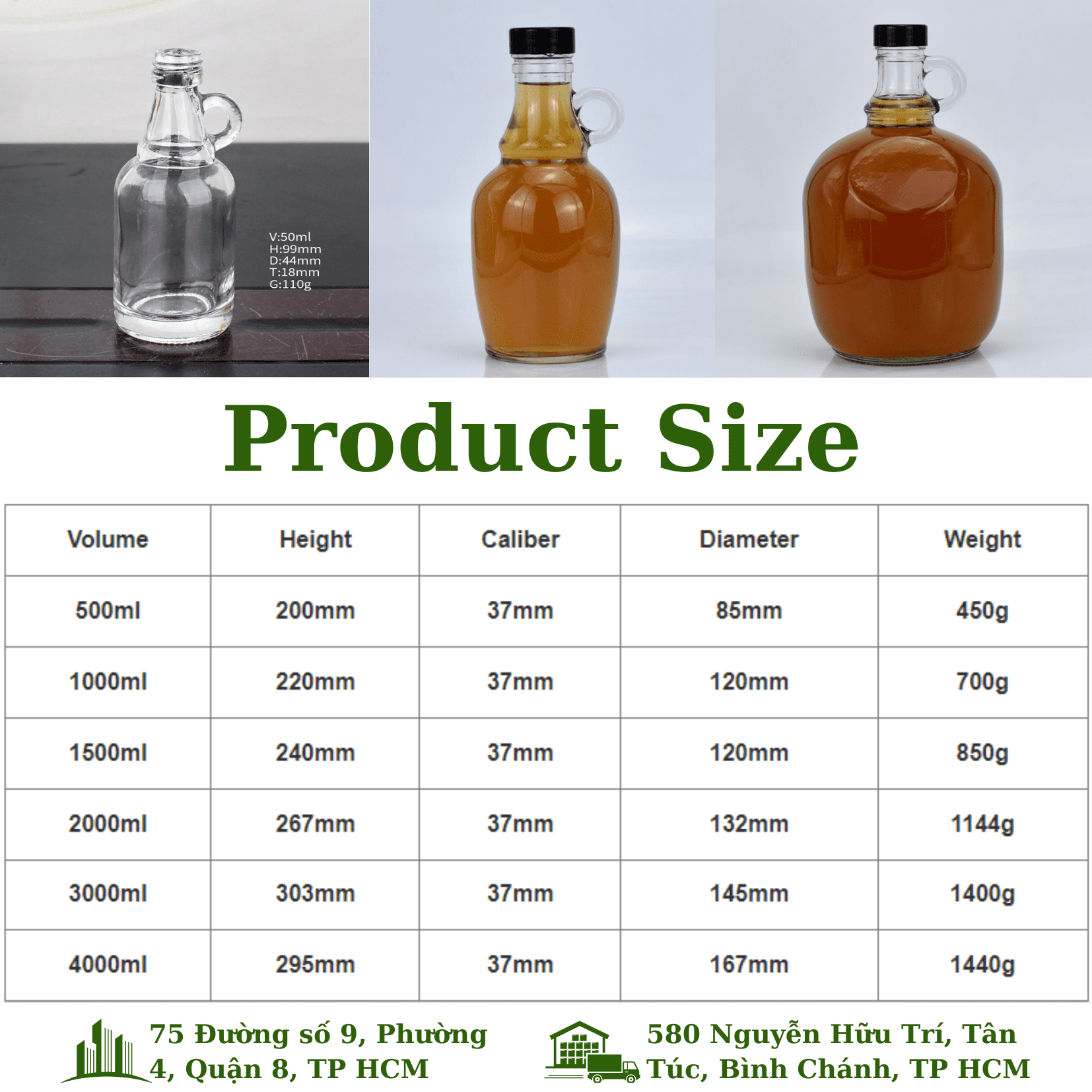 Chai thủy tinh có tay nắm 50ml - 4L