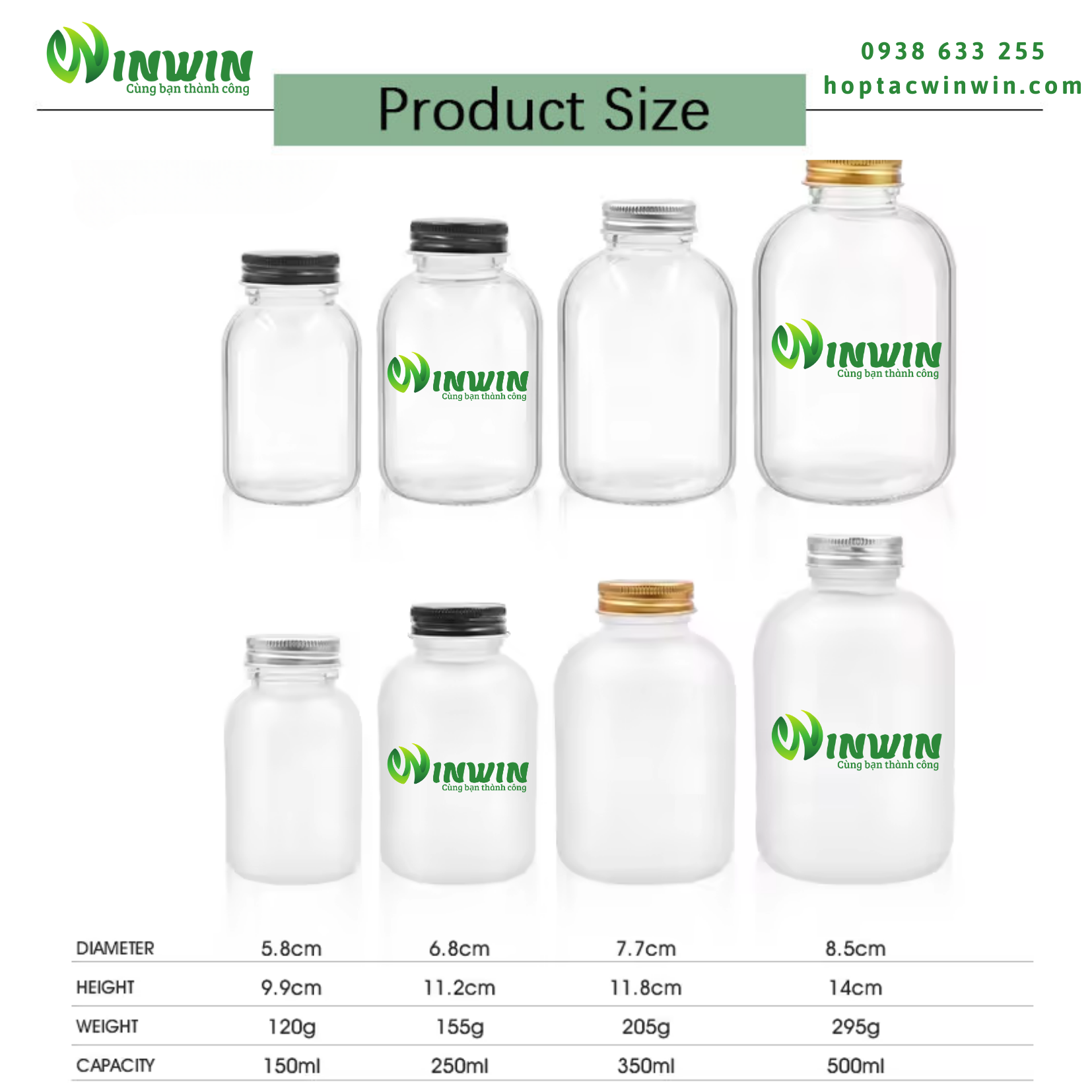 Chai thủy tinh tròn miệng vừa 150ml 250ml 350ml 500ml