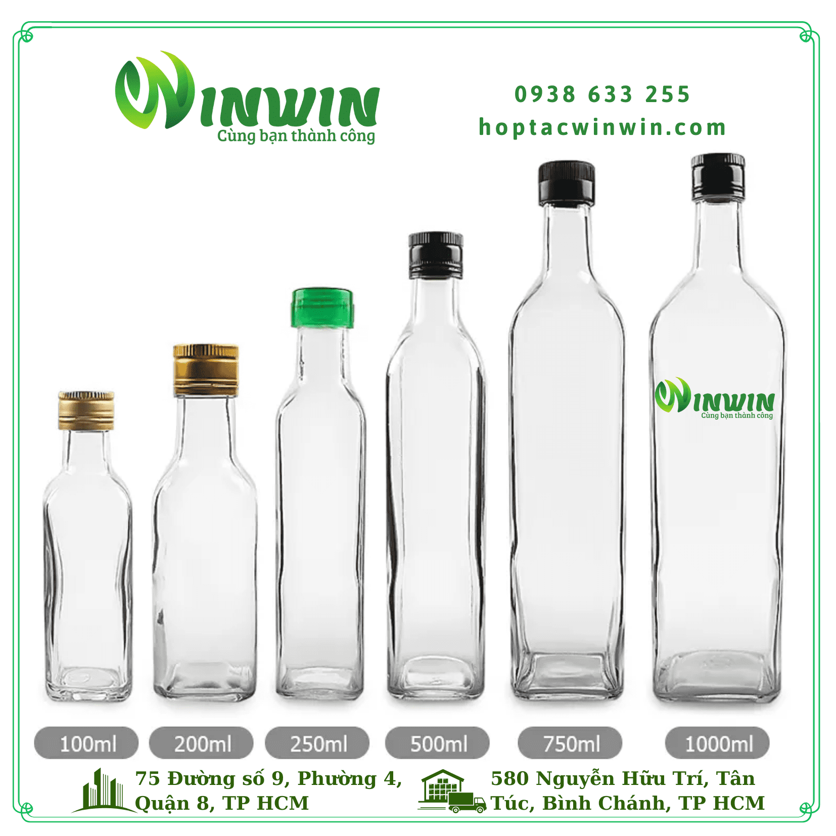 Chai thủy tinh vai vuông 100ml - 1000ml