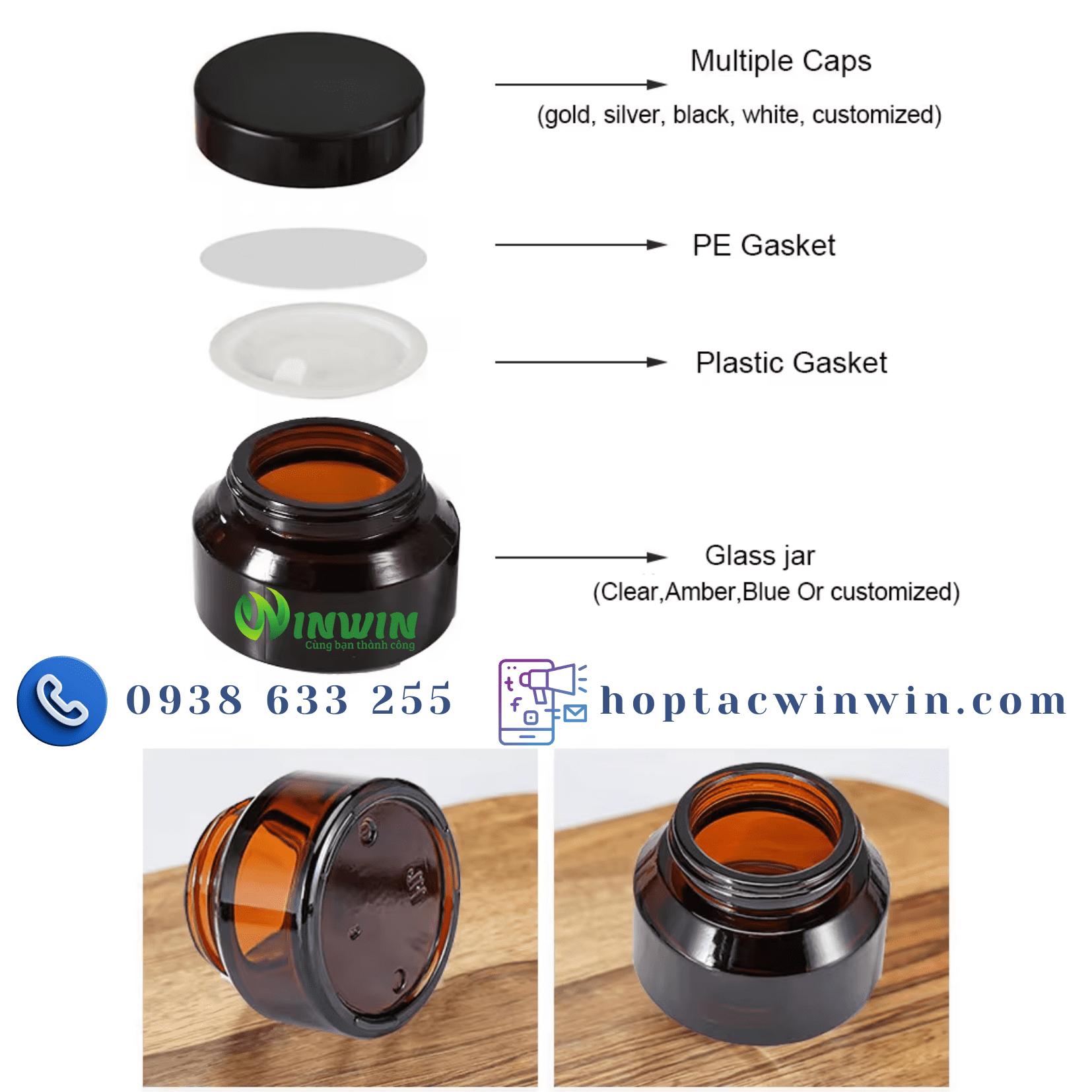 Hũ thủy tinh đựng mỹ phẩm 15g 30g 50g màu nâu