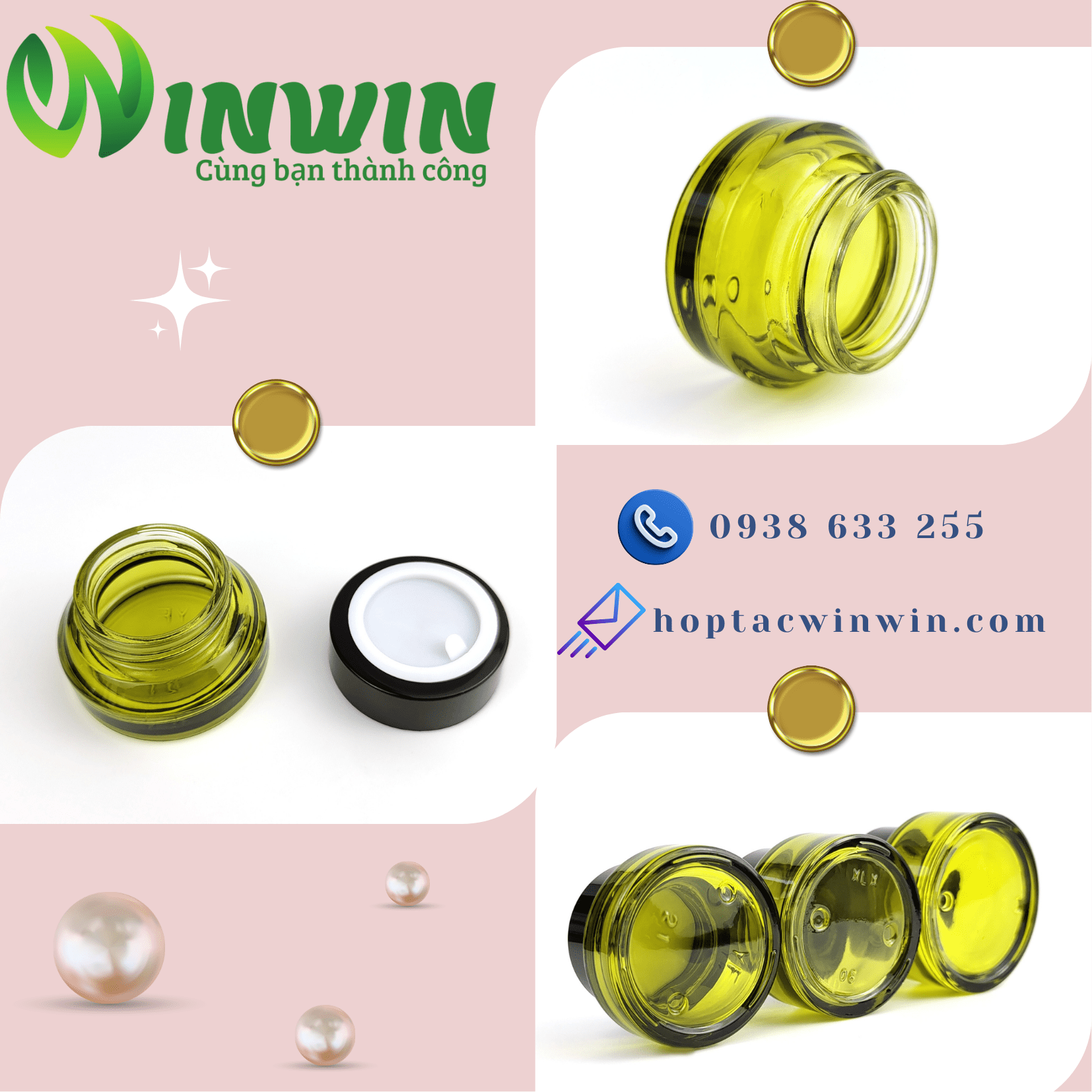 Hũ thủy tinh đựng mỹ phẩm 15g 30g 50g màu oliu
