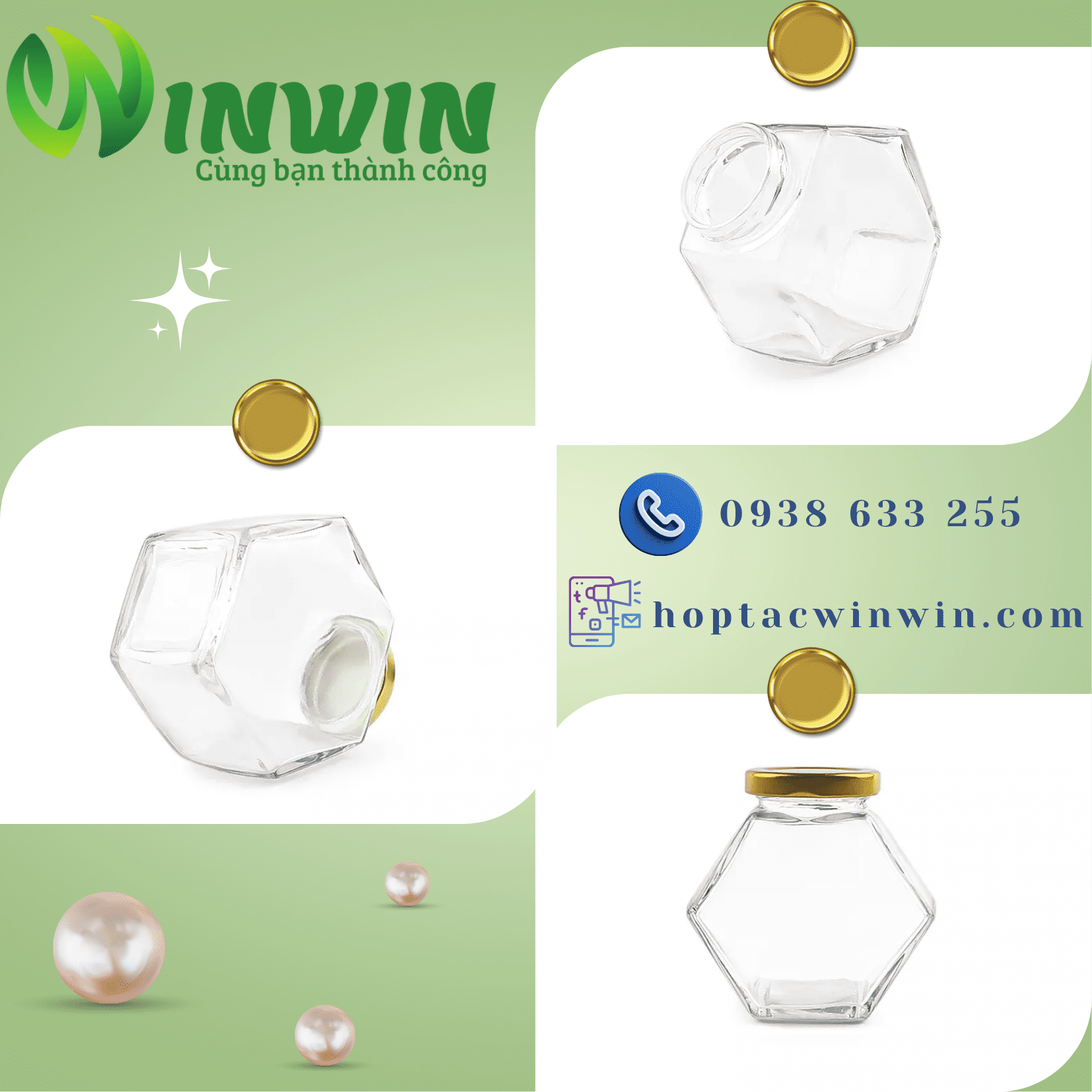 Hũ thủy tinh lục giác phẳng 100ml 180ml 280ml 380ml