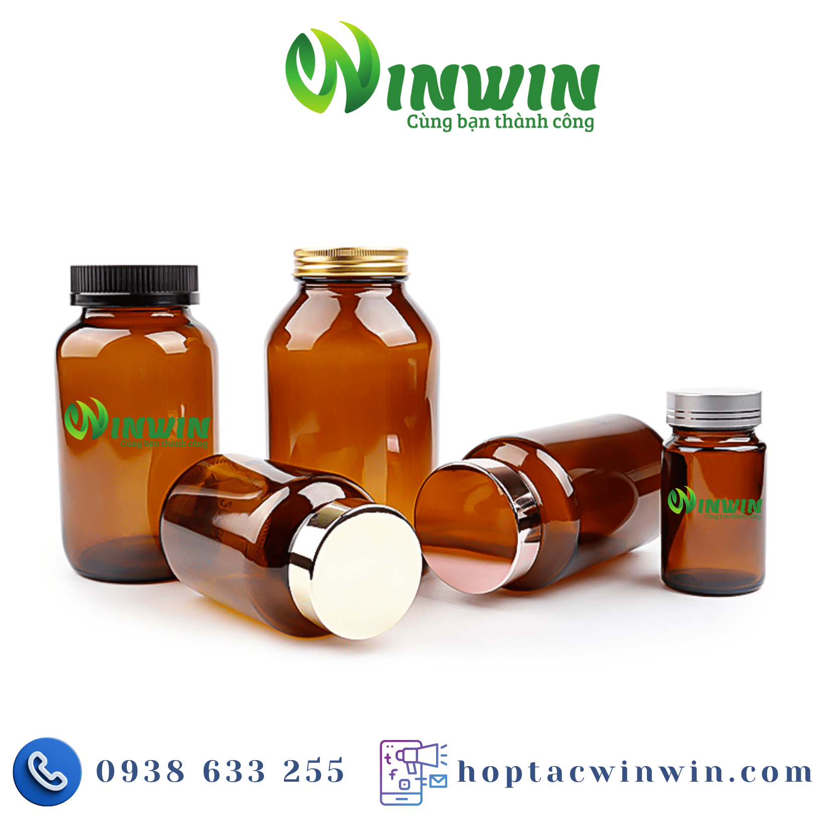 Hũ thủy tinh tròn miệng rộng màu nâu 60ml - 500ml