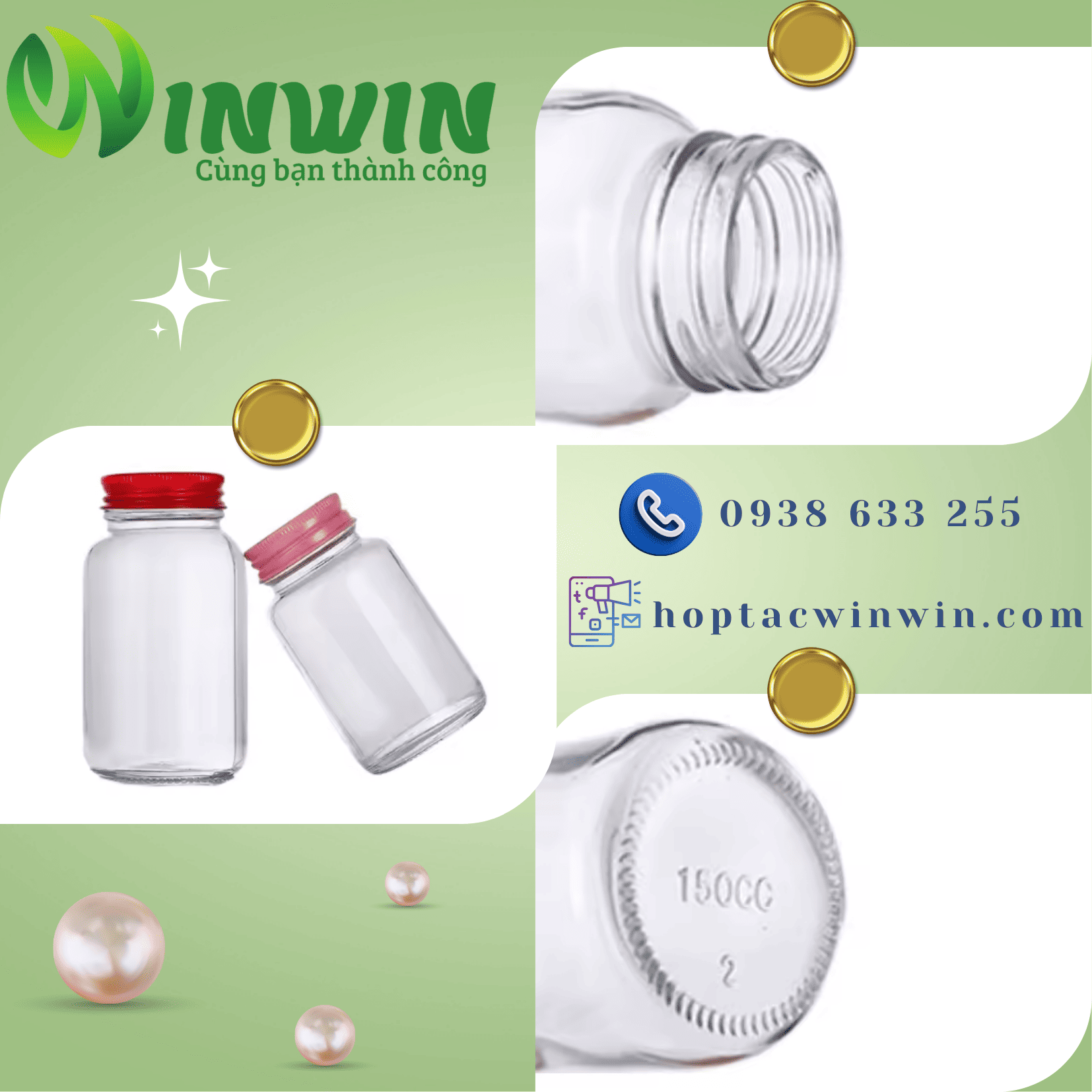 Hũ thủy tinh tròn miệng rộng màu trong 30ml 60ml 100ml 120ml 150ml 200ml