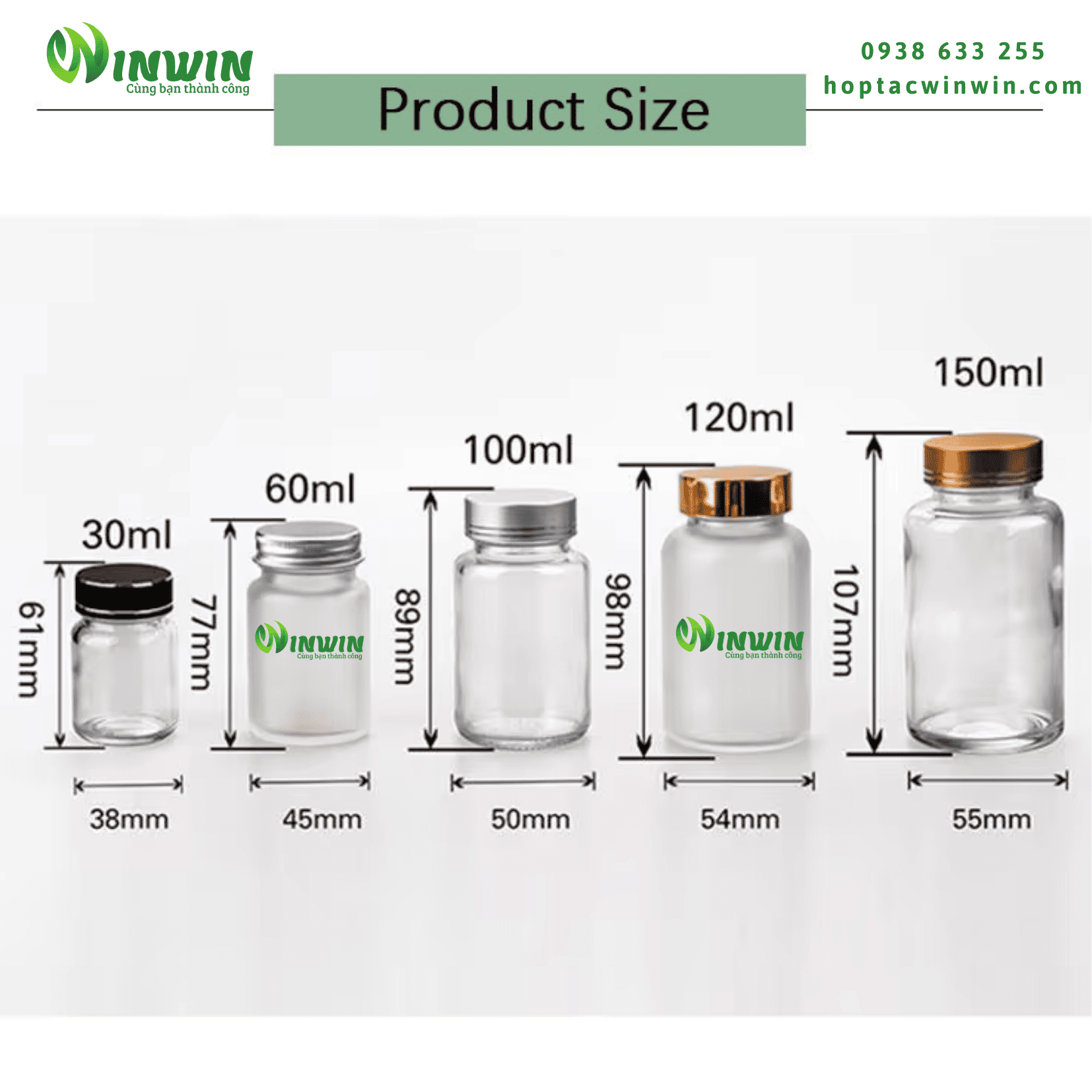 Hũ thủy tinh tròn miệng rộng màu trong 30ml 60ml 100ml 120ml 150ml 200ml