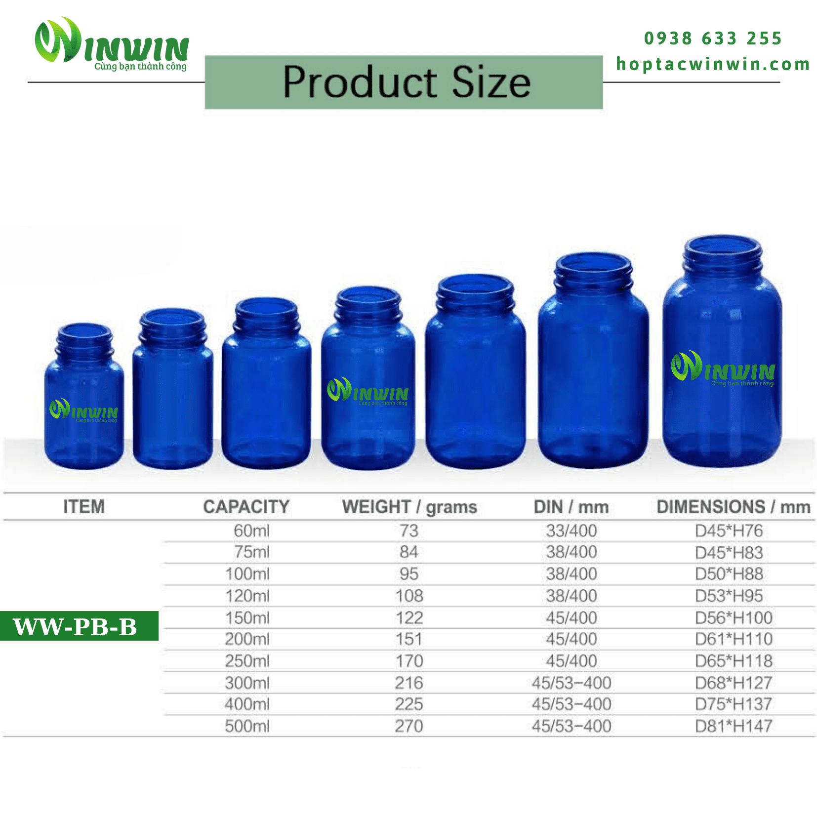 Hũ thủy tinh tròn miệng rộng màu xanh dương 60ml - 500ml