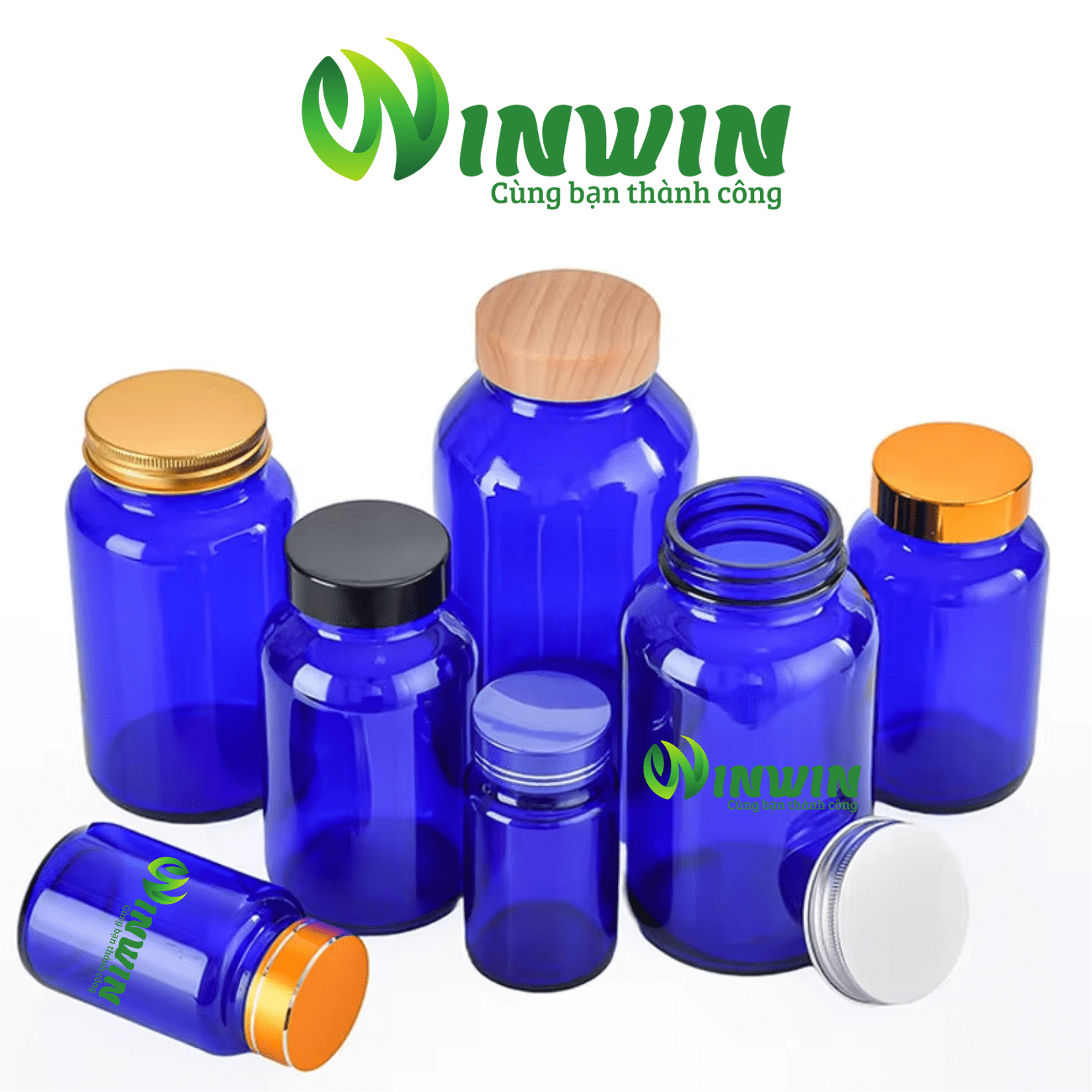 Hũ thủy tinh tròn miệng rộng màu xanh dương 60ml - 500ml