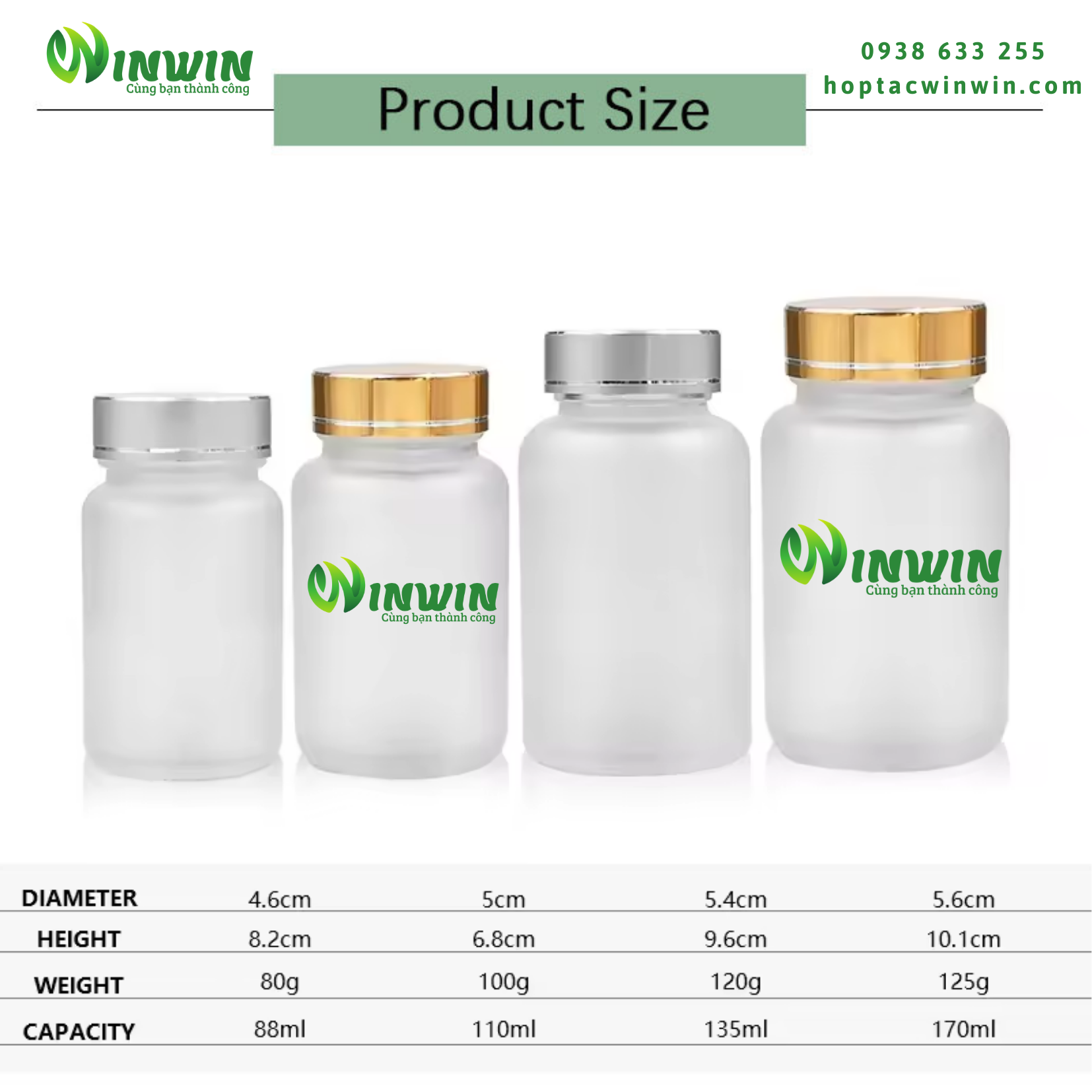Hũ thủy tinh tròn miệng rộng mờ 88ml 110ml 135ml 170ml