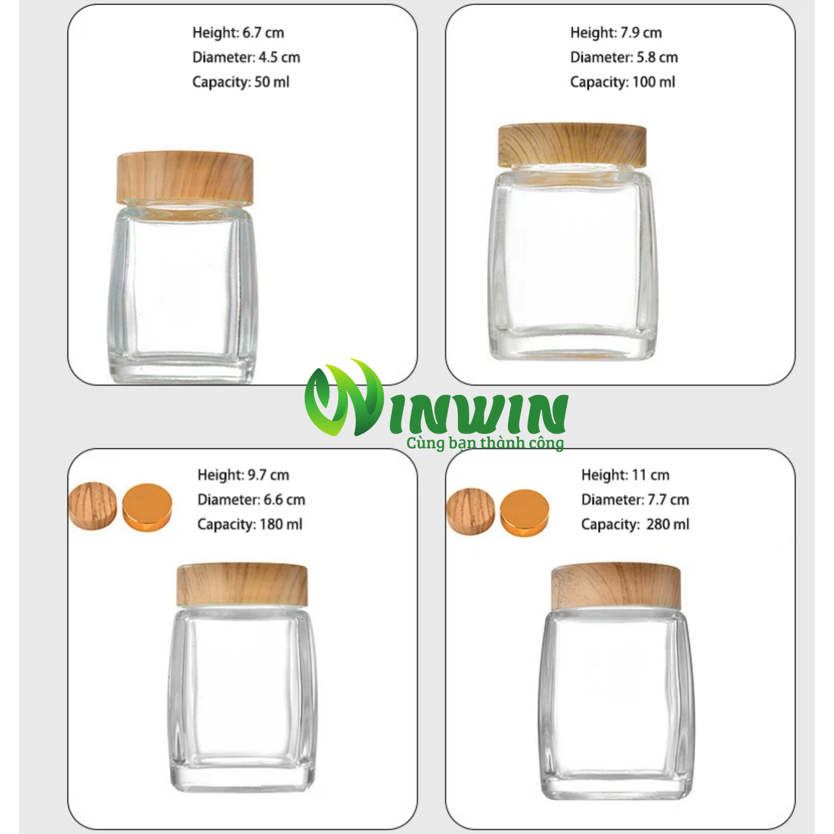 Hũ thủy tinh vuông 50ml 100ml 180ml 280ml 360ml 500ml 750ml