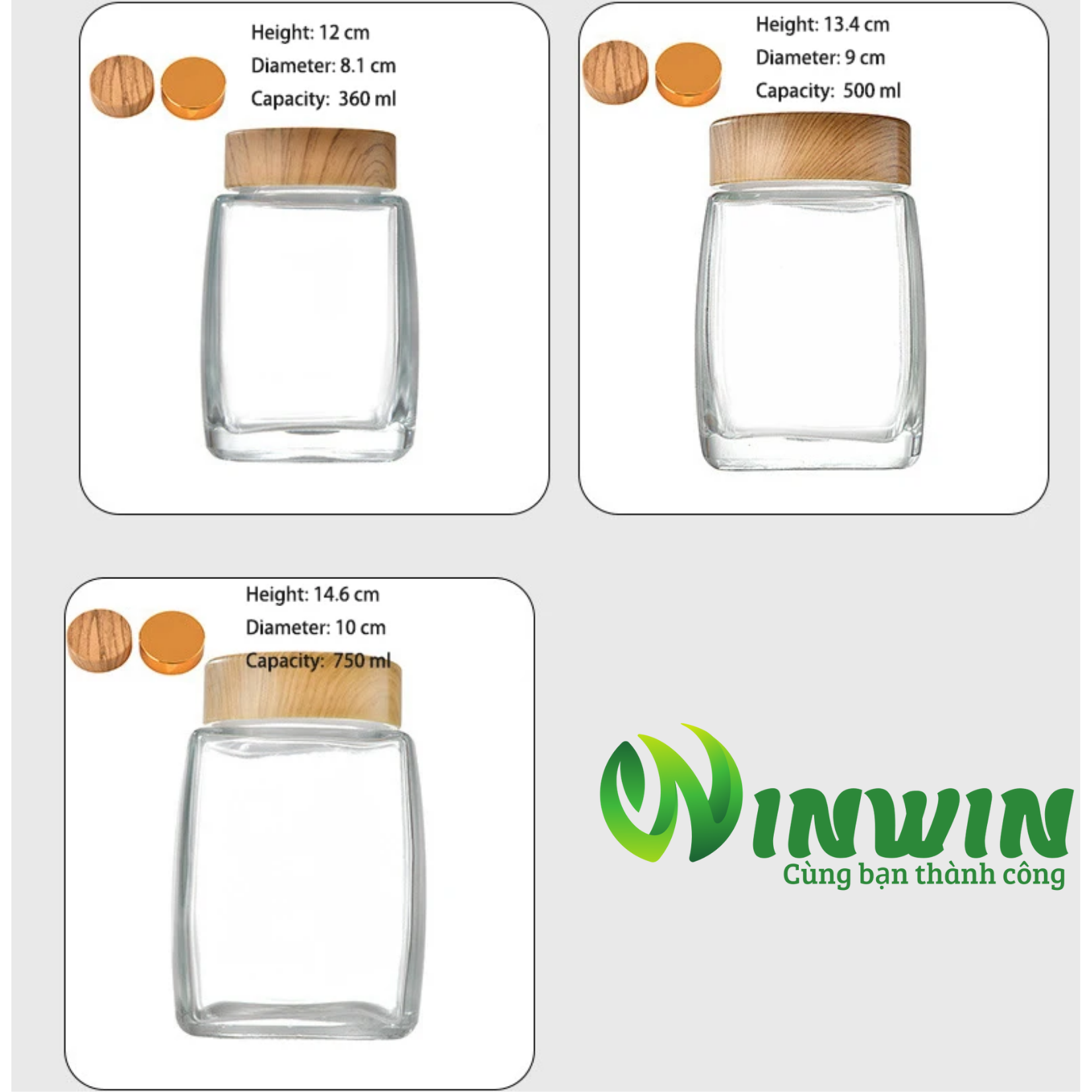Hũ thủy tinh vuông 50ml 100ml 180ml 280ml 360ml 500ml 750ml