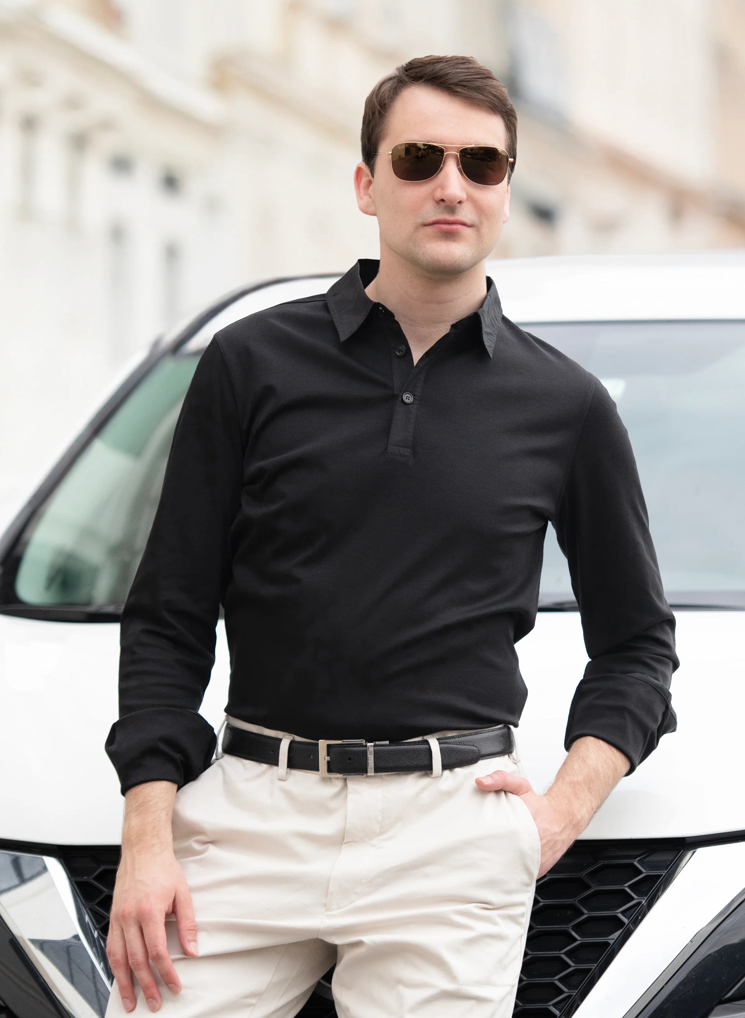 Áo Polo Nam Dài Tay Dệt Thoi Cotton Lụa SYD - Đen