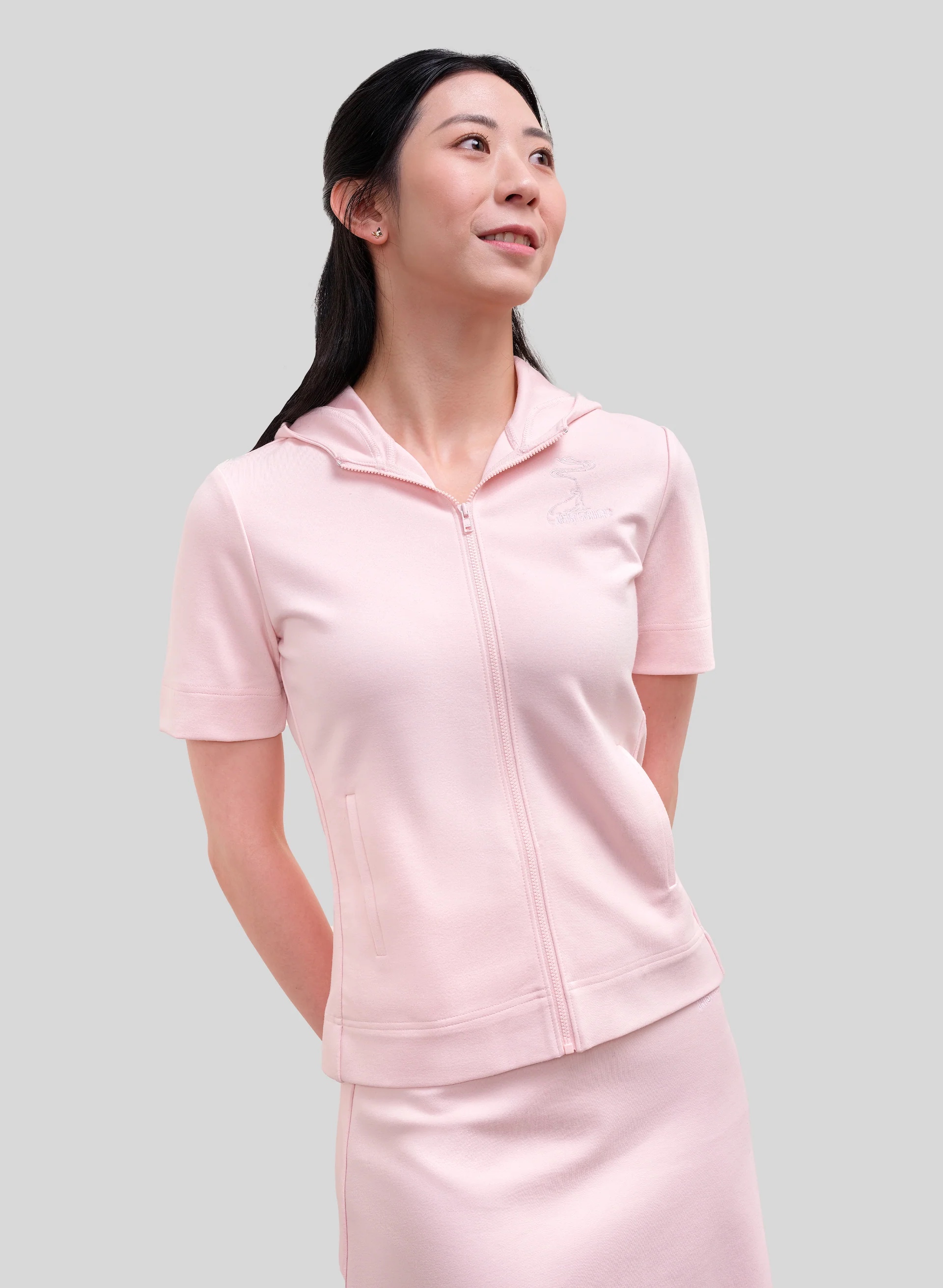 Áo Hoodie Nữ Kéo Khóa Ngắn Tay Kiểu Cổ Điển - Hồng nhạt