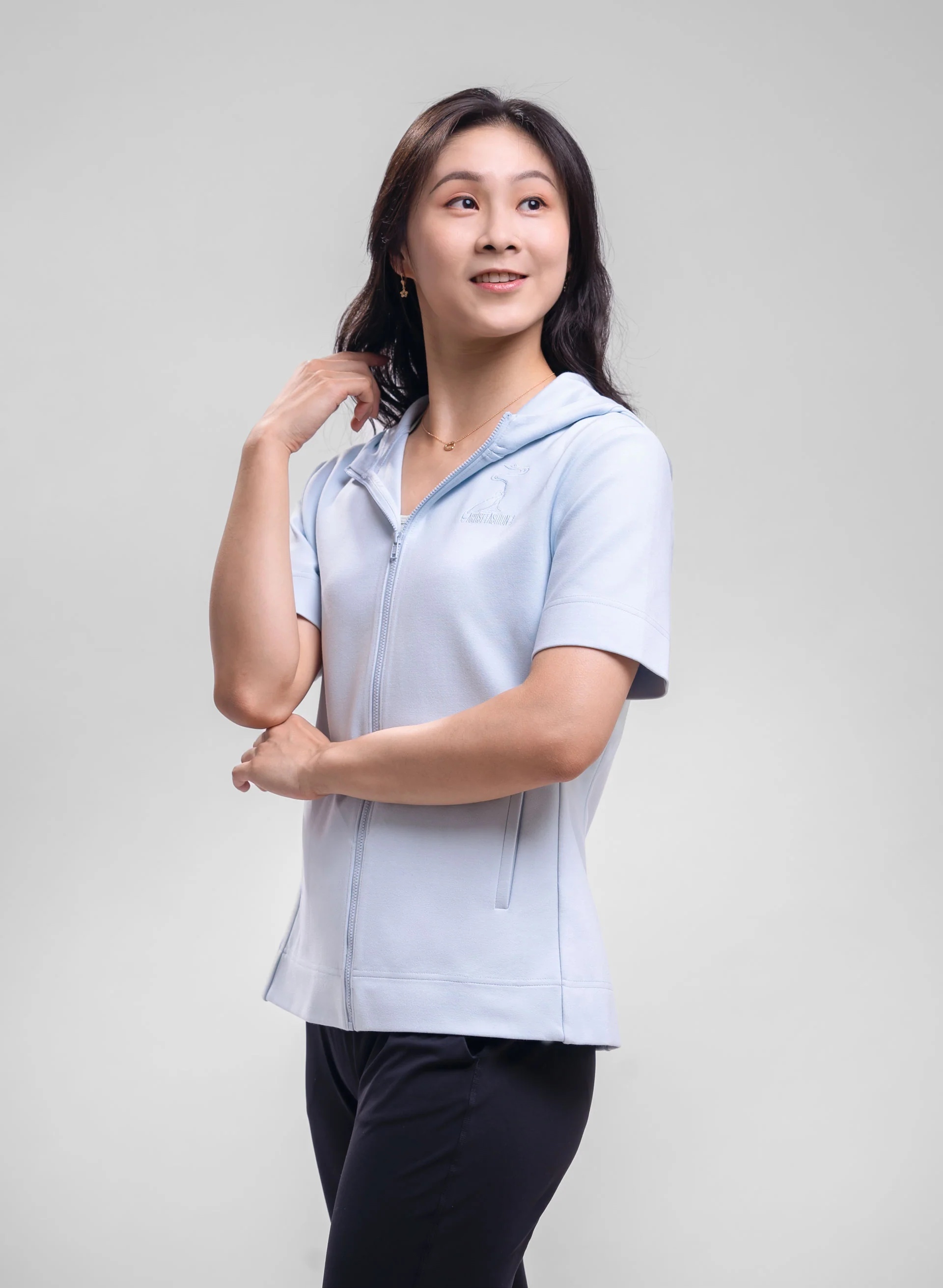 Áo Hoodie Nữ Kéo Khóa Ngắn Tay Kiểu Cổ Điển - Xanh nhạt