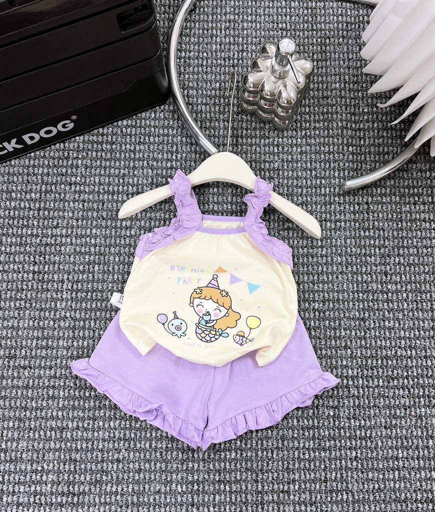 G139-Bộ cotton 2 dây bèo hoạt hình bé gái (6-14kg)