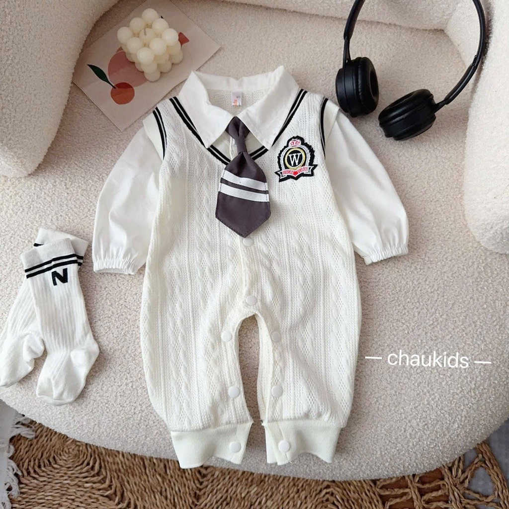 BD042-Body dài len mỏng cà vạt bé trai