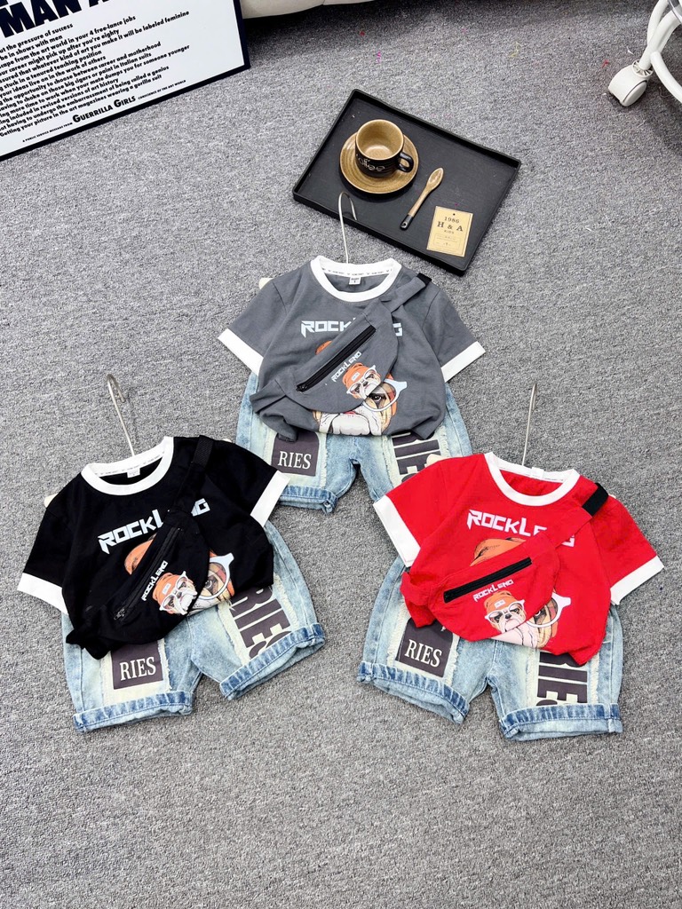 T278-Set áo cotton chó quần jean kèm túi