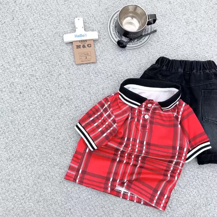 T266-Set jean áo polo caro đỏ 10S1-10