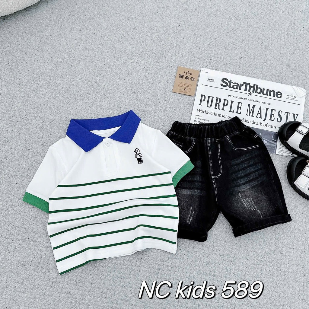 T282-Set áo cổ bẻ sọc gấu quần jean