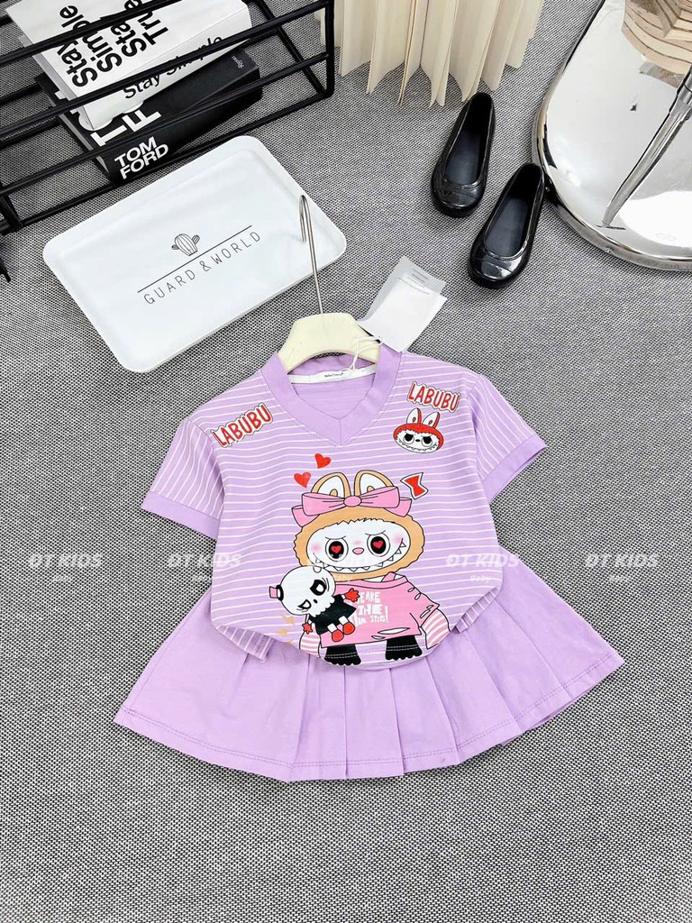 G217-Set áo tim kẻ cv xếp ly labubu